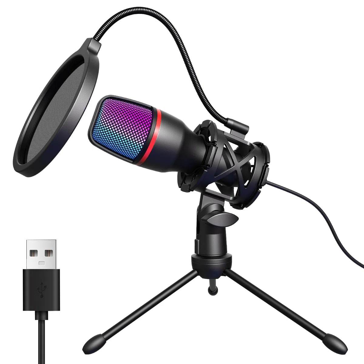 Hoppac Microfono USB PC Microfono Gaming, Micro a Condensatore con Shock-Mount, Filtro Pop e Treppiede, Plug & Play Microfono per PC, Laptop, PS4/5, Streaming, Podcasting, Registrazione