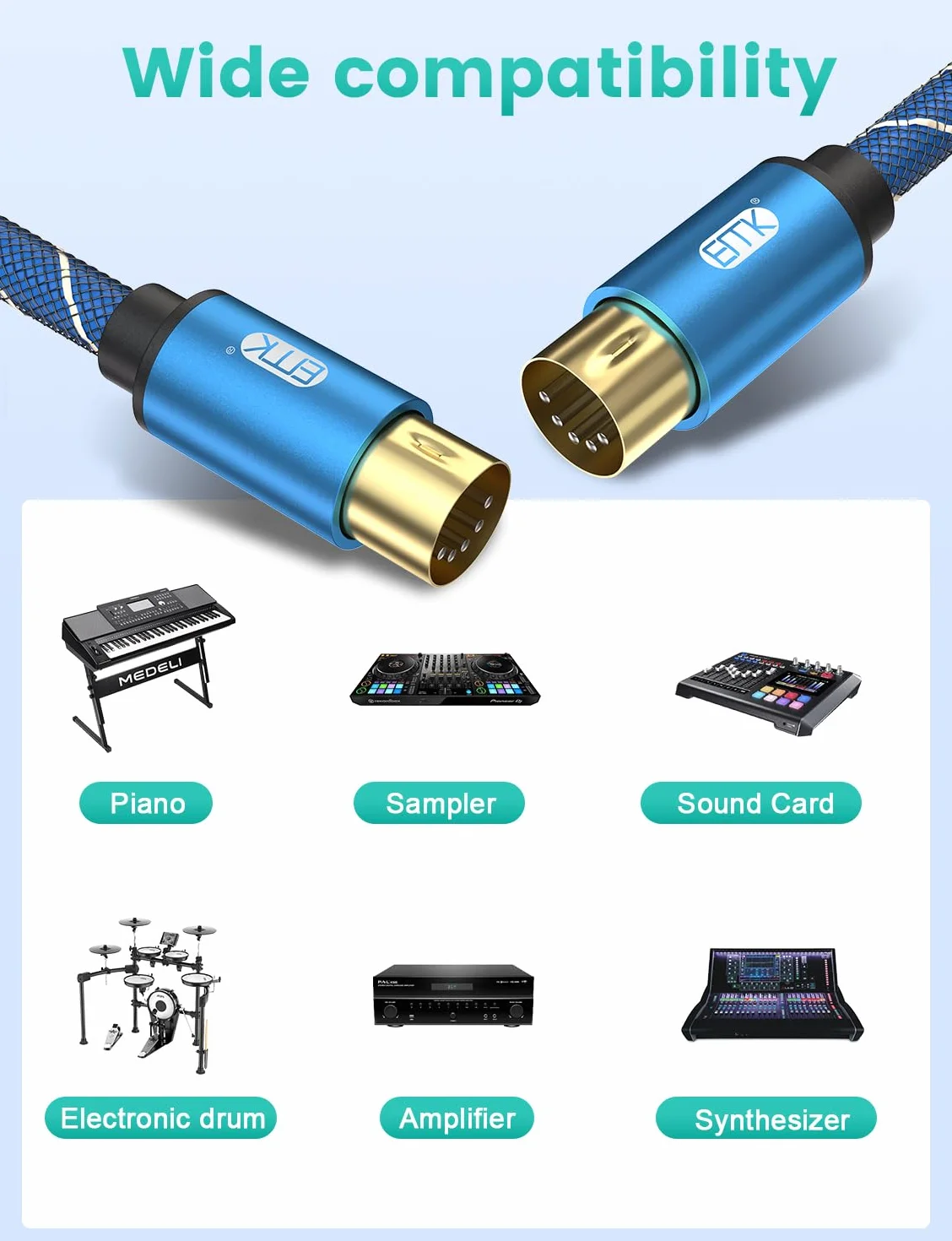 EMK Cavo MIDI, Cavo per Strumenti MIDI 5pin Cavi Tastiera MI-DI Maschio a Maschio Cavi MIDI in-out 5pin DIN MIDI per Organo elettronico, Mixer, Pianoforte, Tamburo, Scheda audio (0,5 metri)