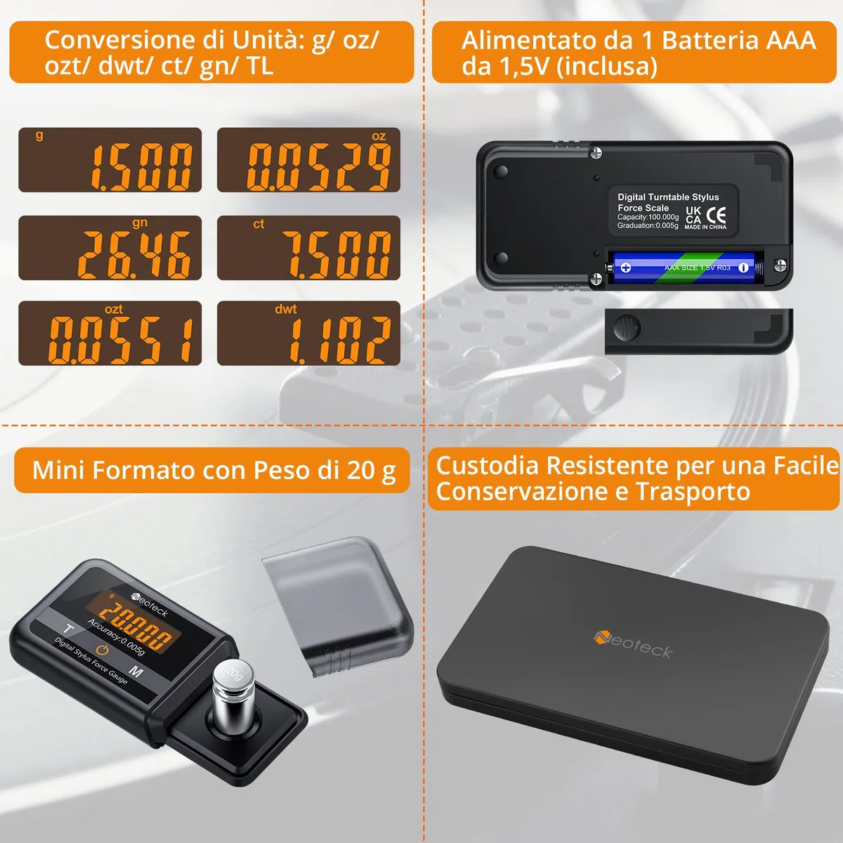 Neoteck Tester Scala Forza di Stilo per Giradischi Capacità 100g Touch Screen LCD Bilancia Precisa 0.005g Retroilluminazione Arancia Tester Scala Forza per Braccio Giradischi Fono Cassetta Musicale