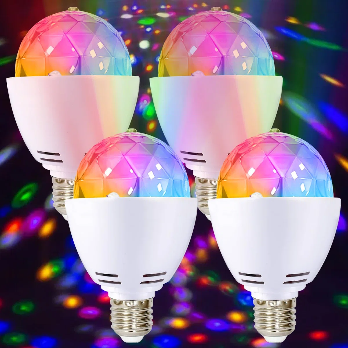4 luci a LED per feste, E27, 3 W, RGB, luce da discoteca, rotazione a 360°, lampada da discoteca, lampada da discoteca, lampada a LED per attacco E27, decorazione per feste di matrimonio, festa di