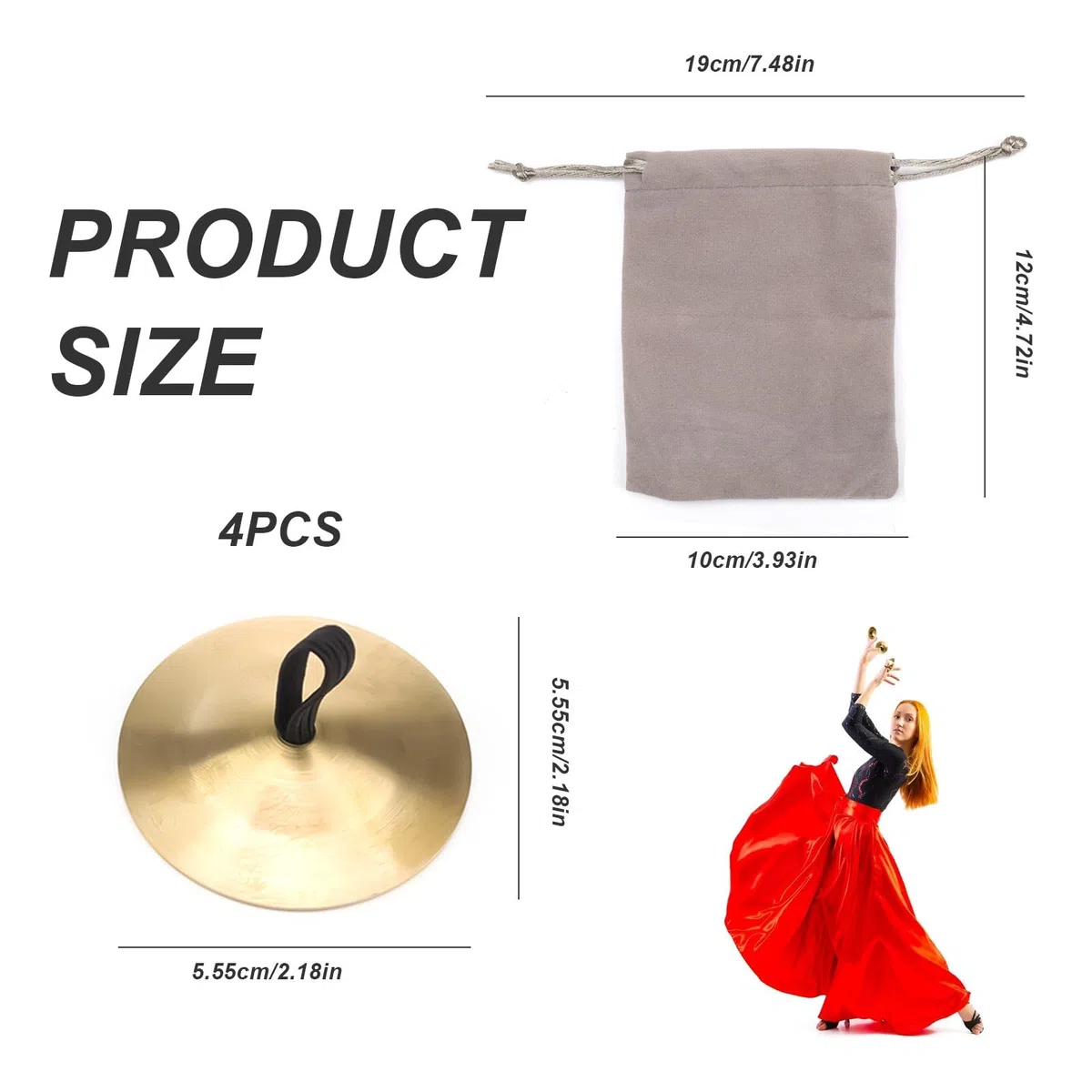 2 Paia Cimbali da Dito in Ottone, Oro Cimbali Danza del Ventre, con Elastico Piatti a Dito in per Danza Ventre, con Custodia in Velluto, Diametro 5,5 cm, per Feste e Balli