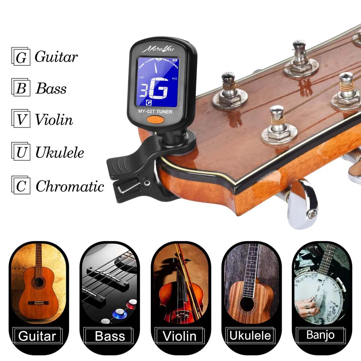 Accordatore per chitarra cromatica, basso, violino, ukulele, include plettri capotasto e supporto, Capo+Tuner