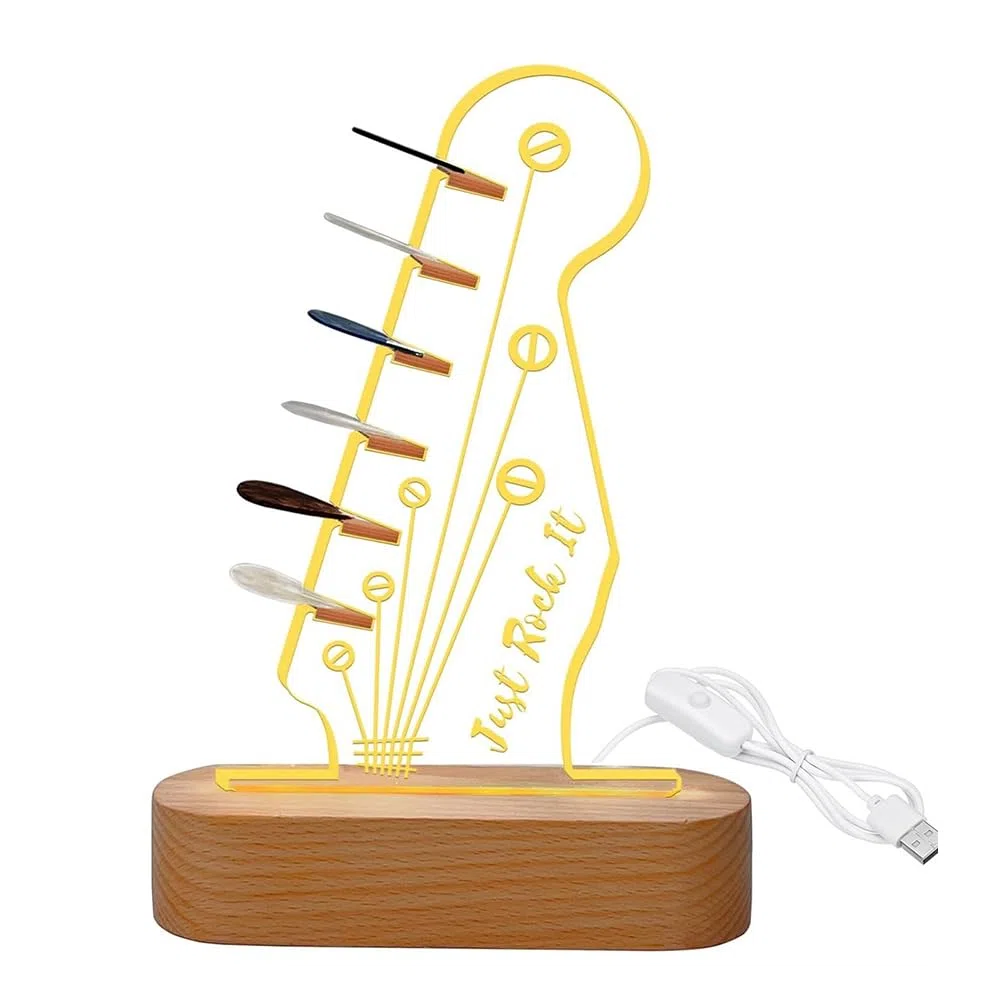 Porta Plettri per Chitarra Elettrica con Luce LED, Base in Legno e Design Acrilico per Musicisti e Chitarristi