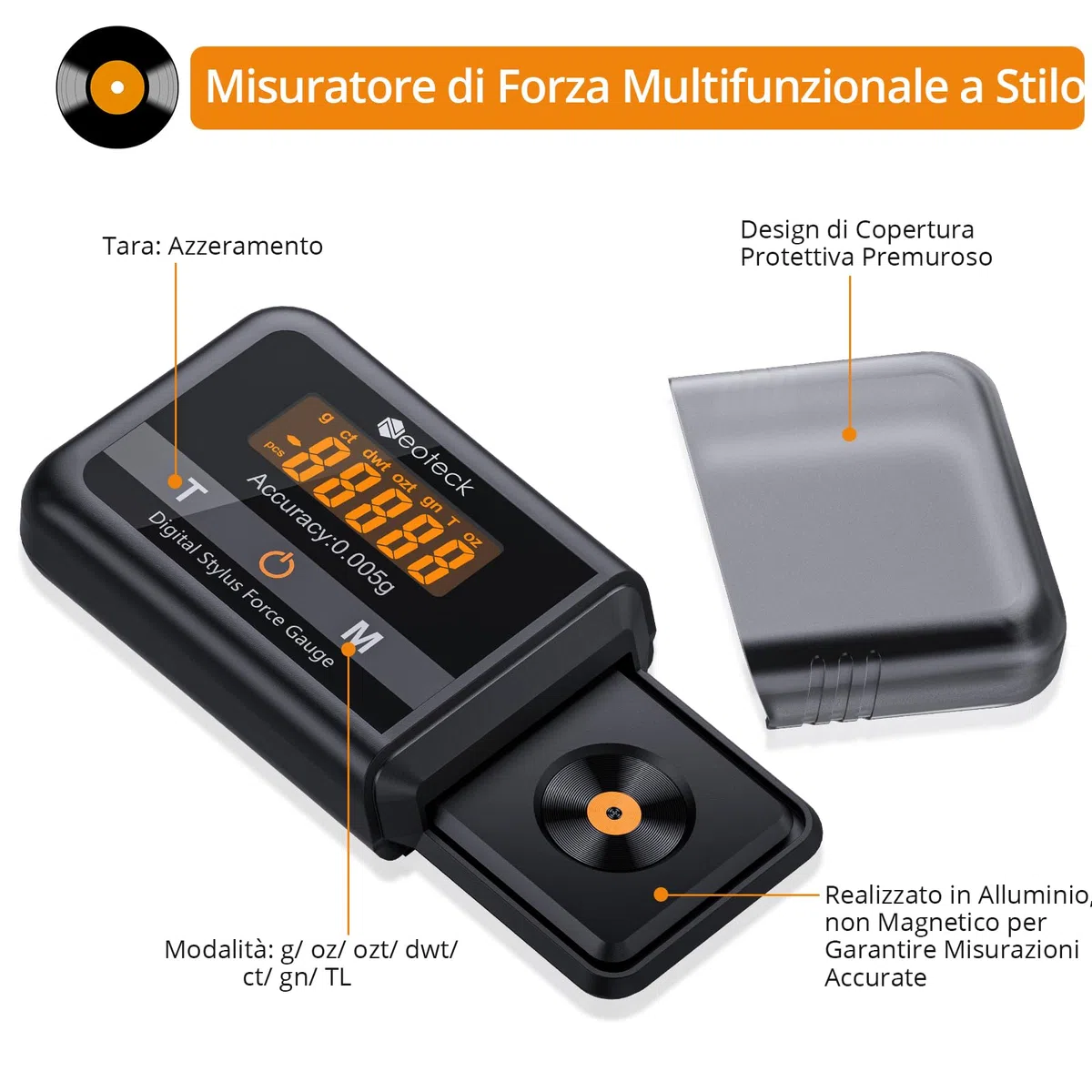 Neoteck Tester Scala Forza di Stilo per Giradischi Capacità 100g Touch Screen LCD Bilancia Precisa 0.005g Retroilluminazione Arancia Tester Scala Forza per Braccio Giradischi Fono Cassetta Musicale