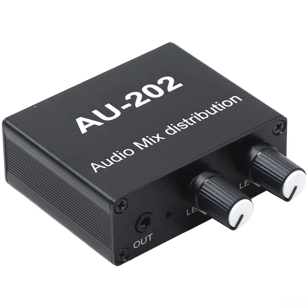 Distributore audio mixer stereo, 2 ingressi 2 uscite, controllo indipendente del volume, alimentazione esterna DC5-19V per AMP, funzionamento a basso rumore