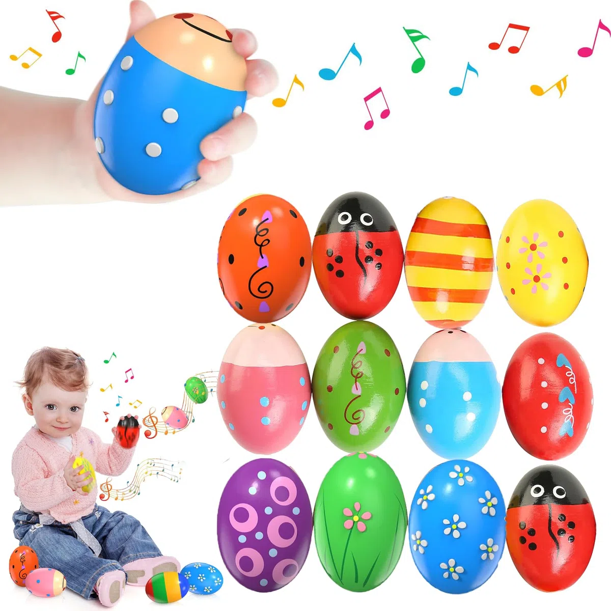 set di 12 pezzi di maracas per uova in legno, maracas per uova di Pasqua, maracas musicali a percussione, sonagli per uova, sonagli per uova, uova musicali per neonati e bambini