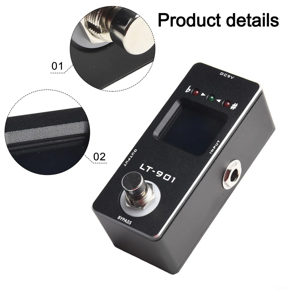 Rowin LT-901 - Pedale accordatore cromatico per chitarra con True Bypass, design compatto per pedaliera, display LCD alto sintonizzazione da A a C, corpo in metallo