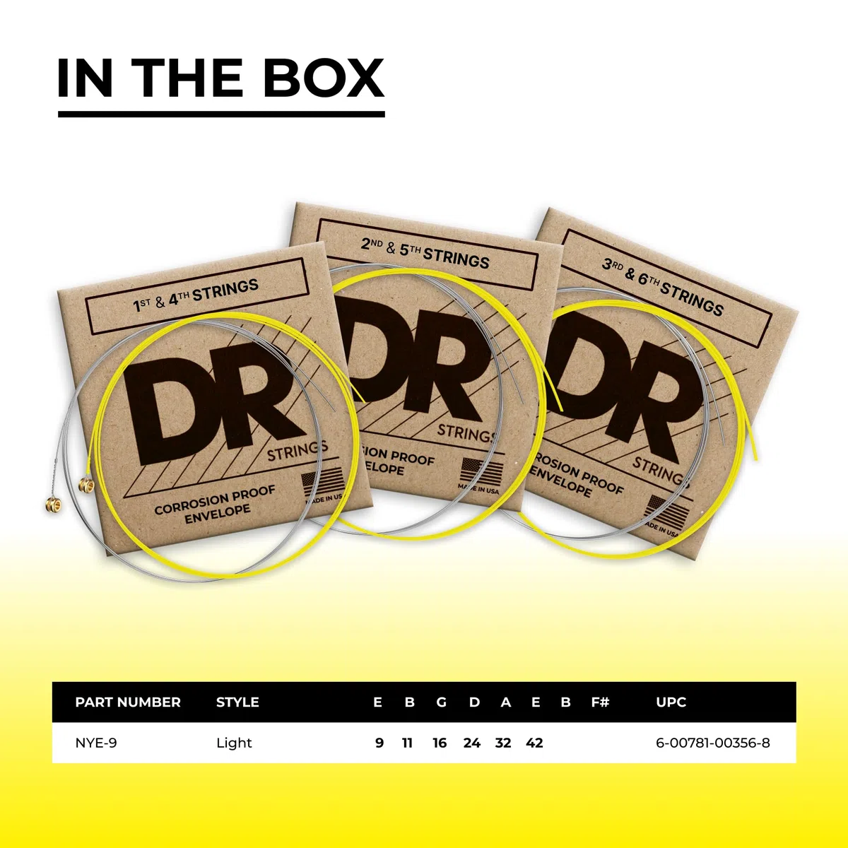 DR String NYE-9 Neon Yellow Set di corde per chitarra elettriche