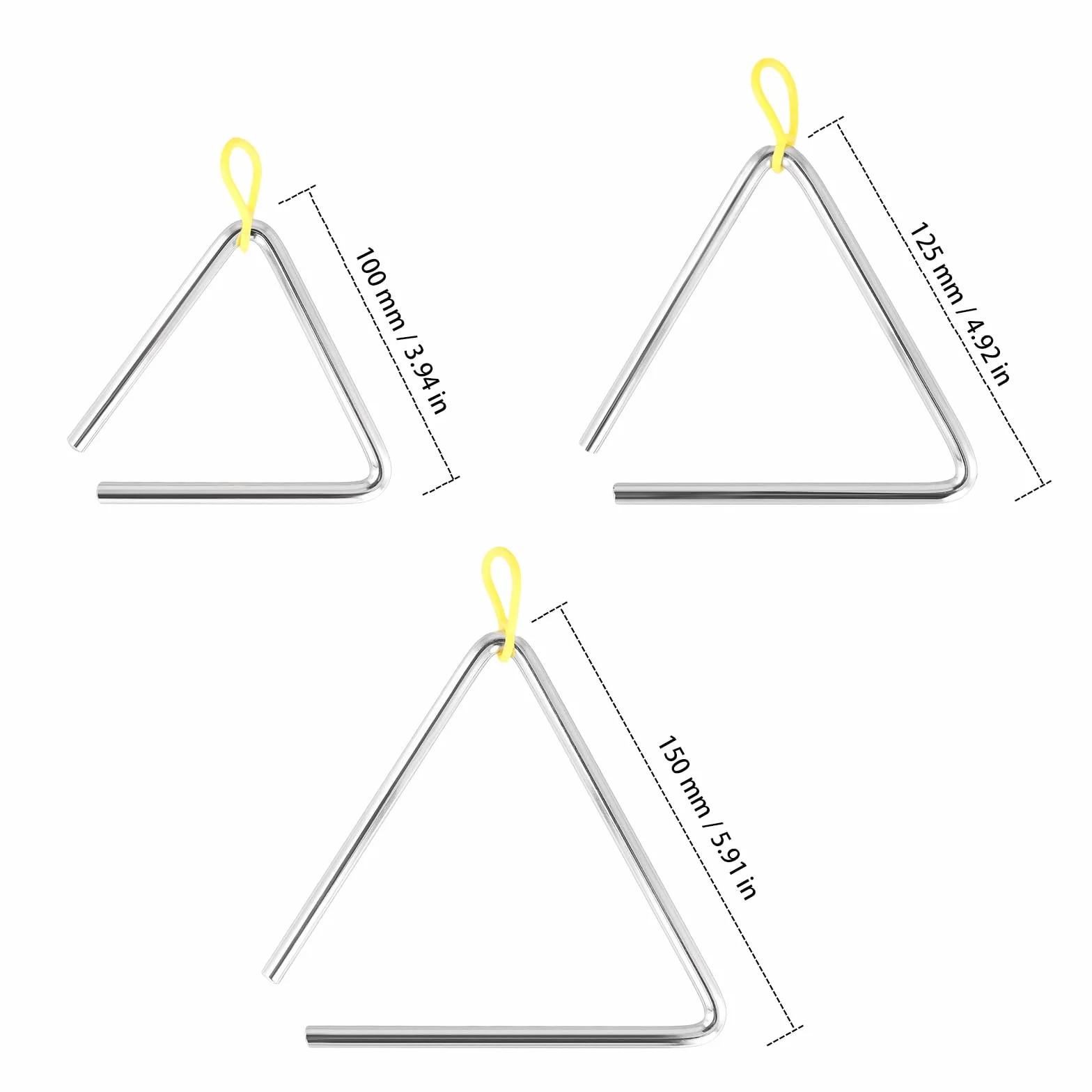 3 Strumento Triangolo con Bacchetta, Strumenti Musicali a triangolo, per Percussione e Educazione Musicale, 3 pezzi, 4 pollici, 5 pollici, 6 pollici, argento