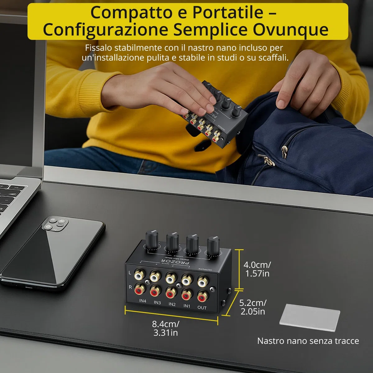 PROZOR Mixer Audio Passivo 4 Canali con Manopole Volume Miscelatore Audio 4 Canali Passive Portatile Supporta Input/Output RCA Mixer Stereo Compatto per DJ, Mixer Home Theater e Home Studio