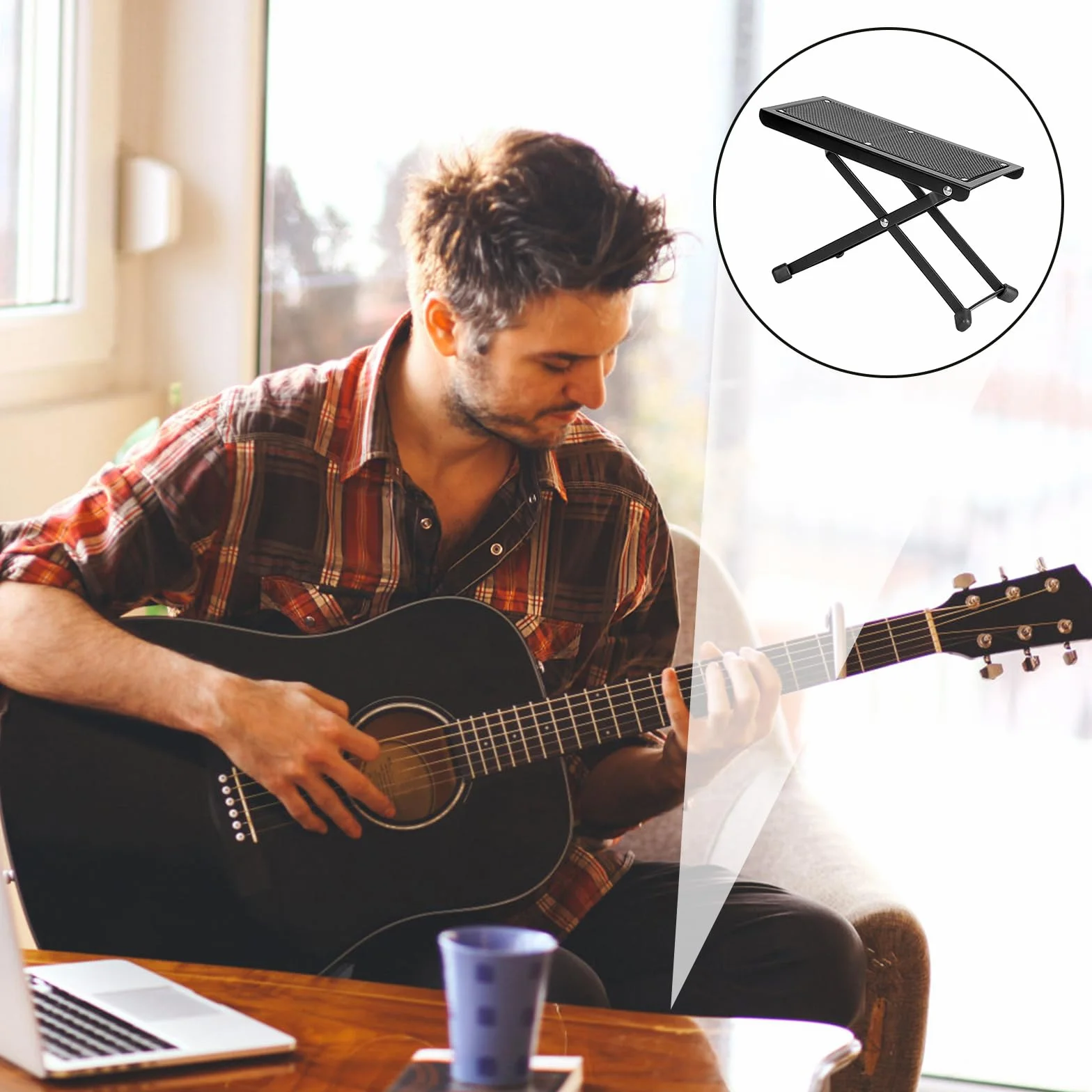 Poggiapiede per Chitarra Aomhrek, Regolabile in Altezza, Pieghevole, con Pad in Gomma Antiscivolo, Nero, Metallo, FOOTREST, Chitarra, Viaggi o Esibizioni On-The-Go