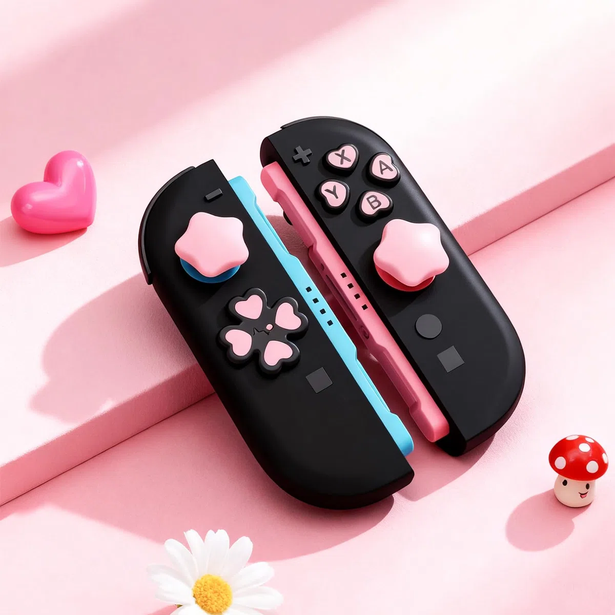 Simpatico set di tappi per pulsanti in silicone, adesivi per pulsanti Nintendo Switch 2, NS2, tappi per joystick NS2 (cuore rosa nero)