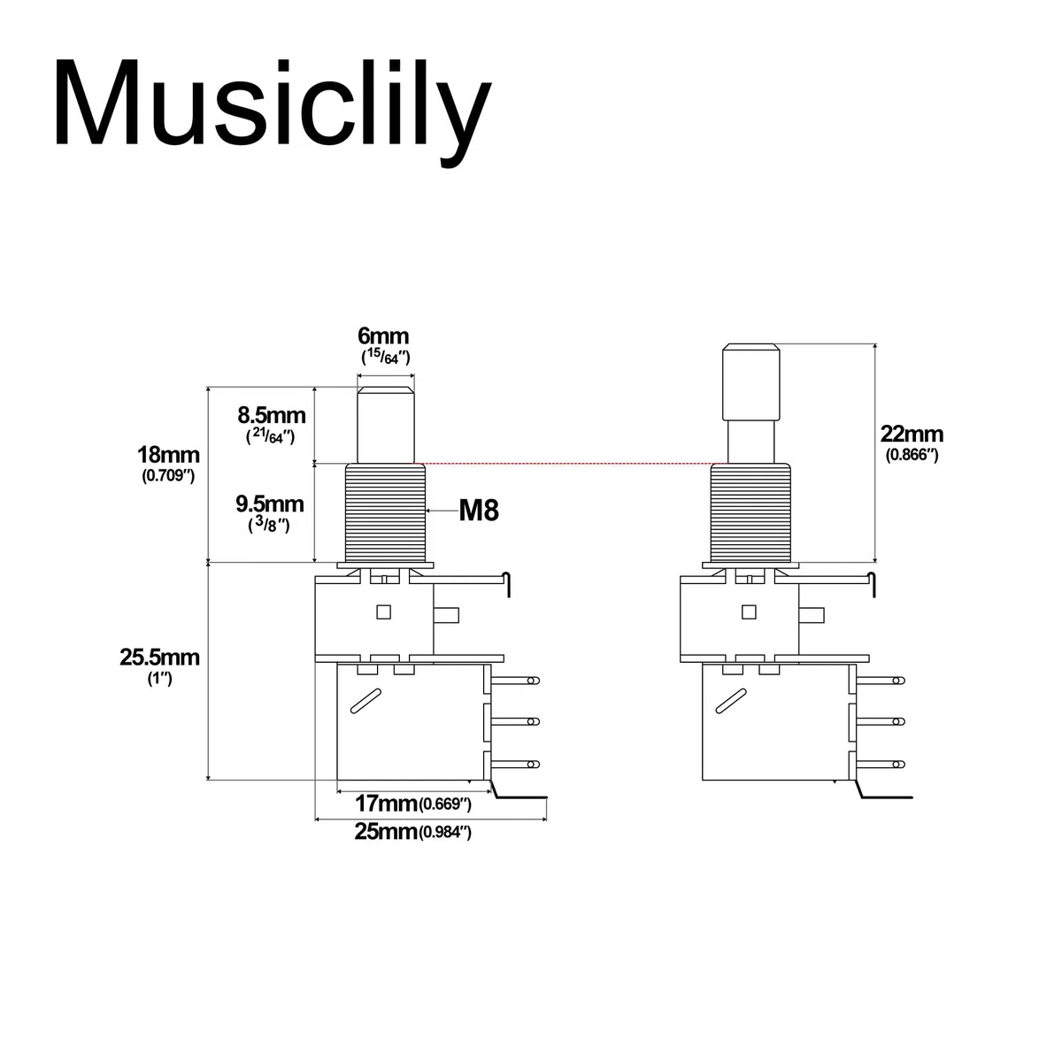 Musiclily Pro A250K Potenziometro Push-Pull Ottone Metrico Solid Standard Shaft 9,5mm Audio Taper Pots per Chitarra Elettrica Basso (Set di 4)