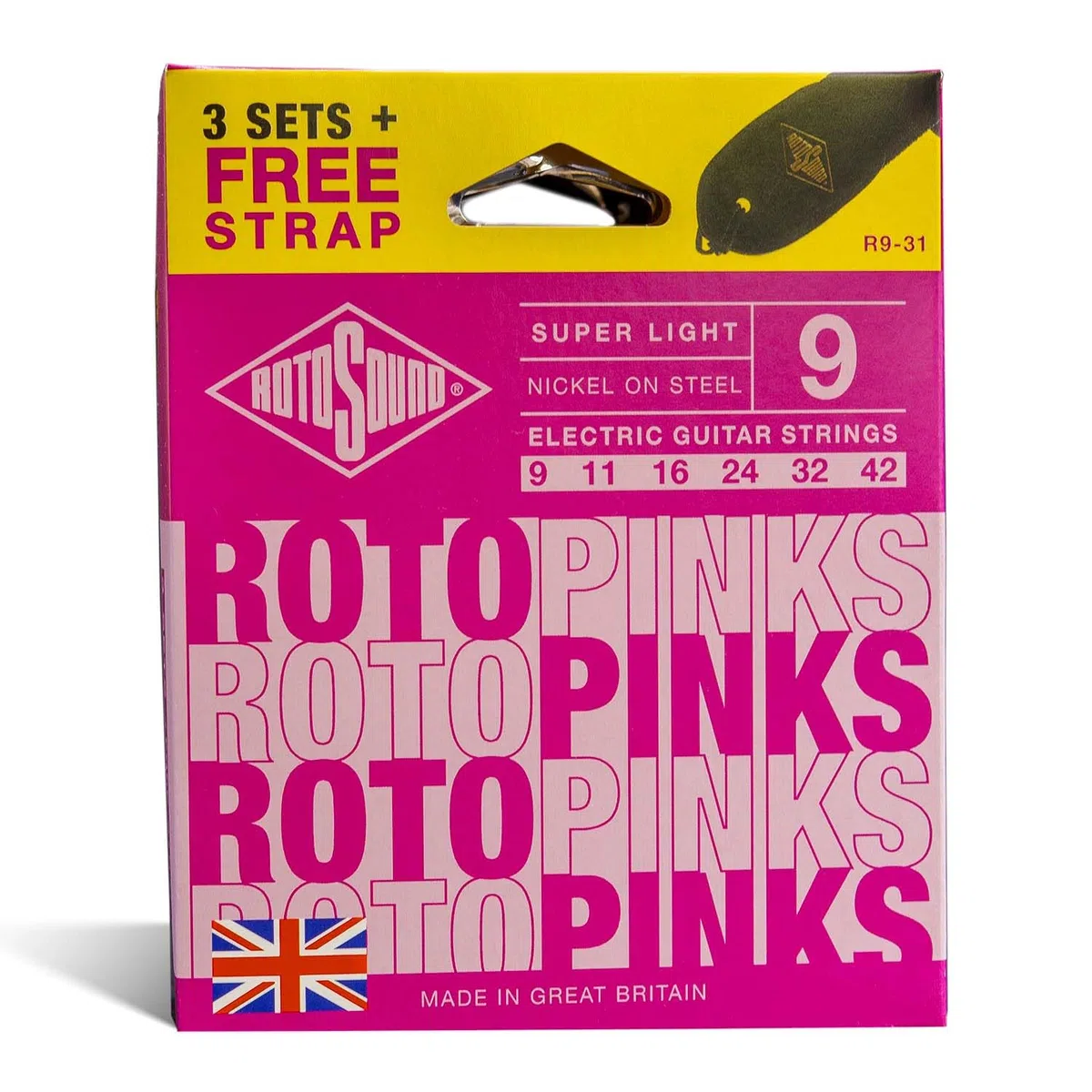 Rotosound Corde per Chitarra Elettrica Roto Nickel plated 3 Set + Cinghia PINKS R9-31-F Super-Light 9-42
