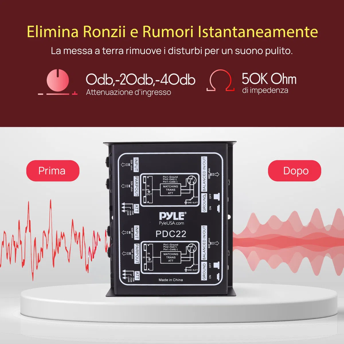 Pyle DI Box Passiva Compatibile con Amplificatori, Mixer, Altoparlanti, Microfoni, Strumenti Musicali, per Chitarra/Basso, XLR Bilanciato/Non, Nero