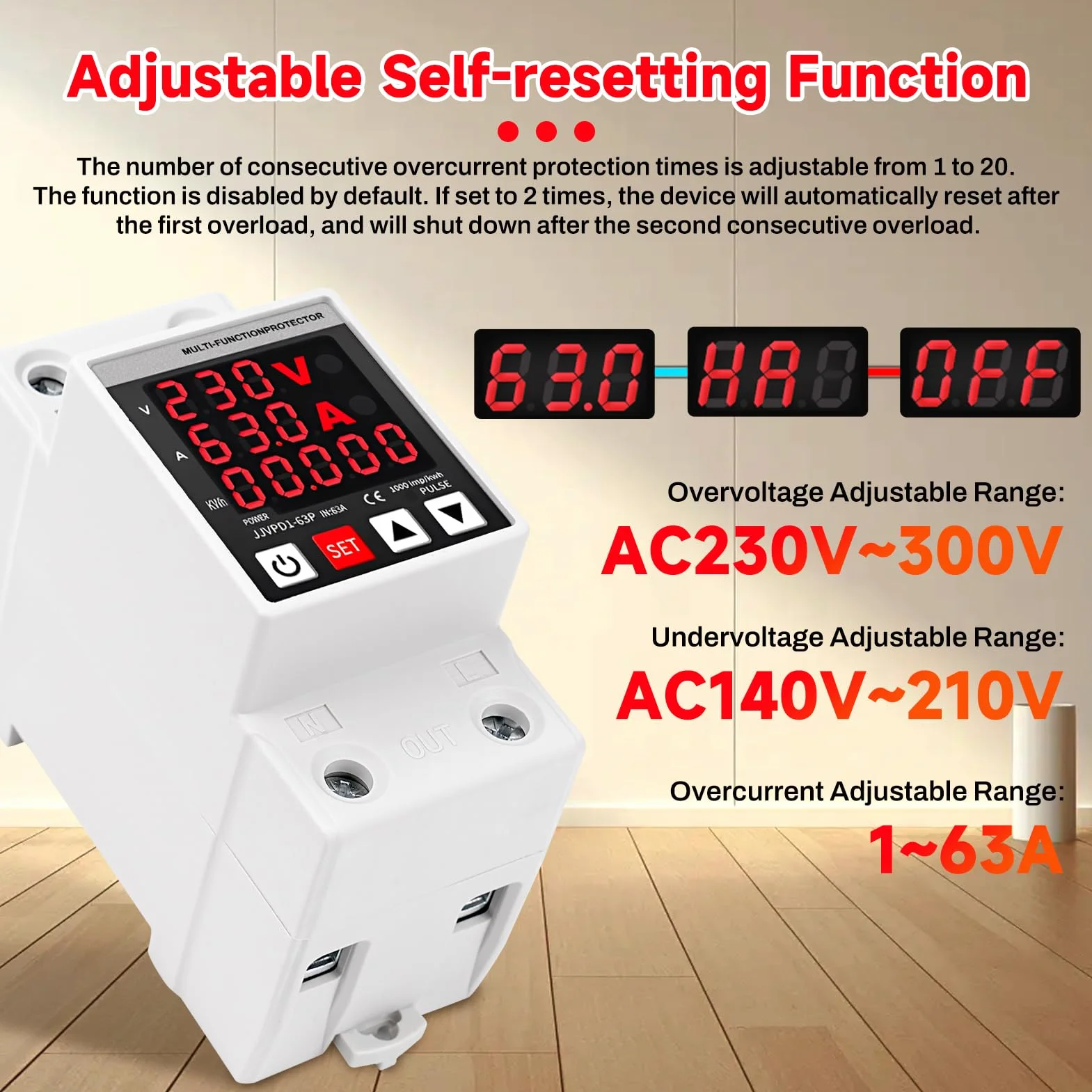 Stabilizzatore di tensione AC230V 63A protezione da sovratensioni di ripristino regolabile stabilizzatore di corrente display a LED Protezione da sovracorrente e sovratensione