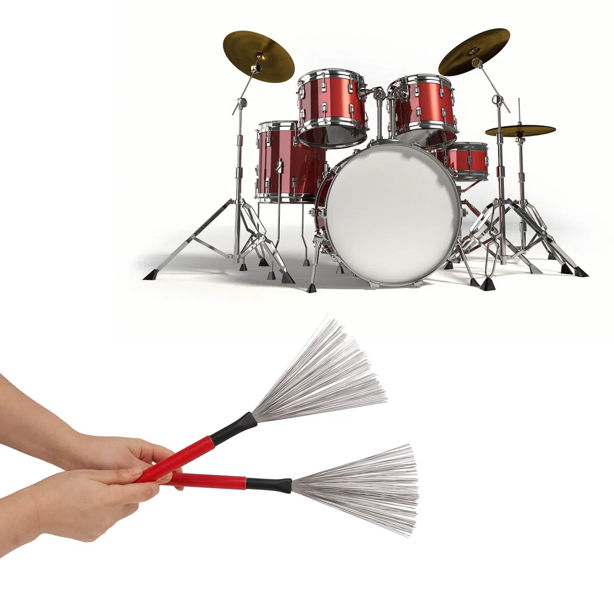 Spazzola per Batteria, Filo di Acciaio, Manico in Legno di Acero, Strumento a Percussione, Kit di Accessori per Strumenti, per Batterista Acustico Cajon (Rosso)
