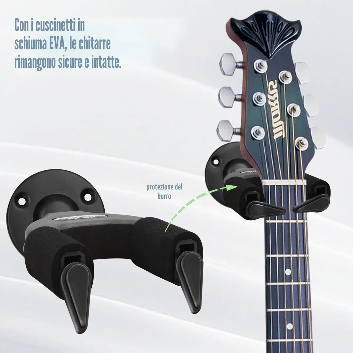 Supporto a parete per chitarra con Base, Automático Supporto a Parete con blocco automatico, Gancio Chitarra per Chitarra Elettrica, Basso, Elettrico, Ukulele,Violino, Banjo (Nero)