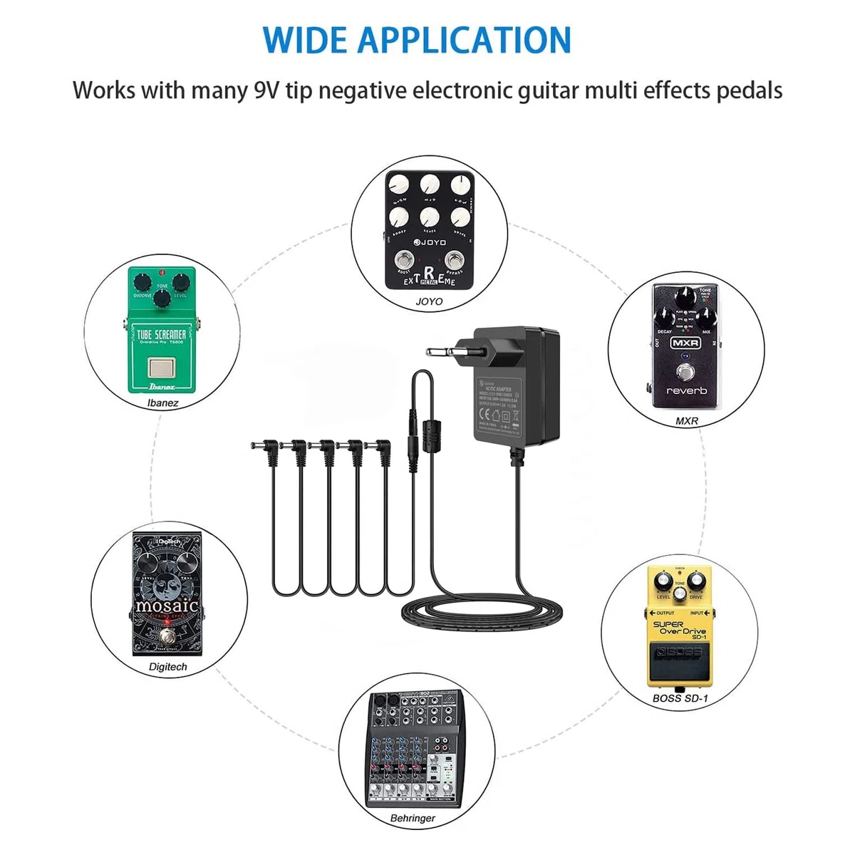 9V 1.5A Pedale per effetti per chitarra Adattatore Cavo di alimentazione con cavo Cavo a margherita a 5 vie, negativo centrale, cavo di lunghezza estesa