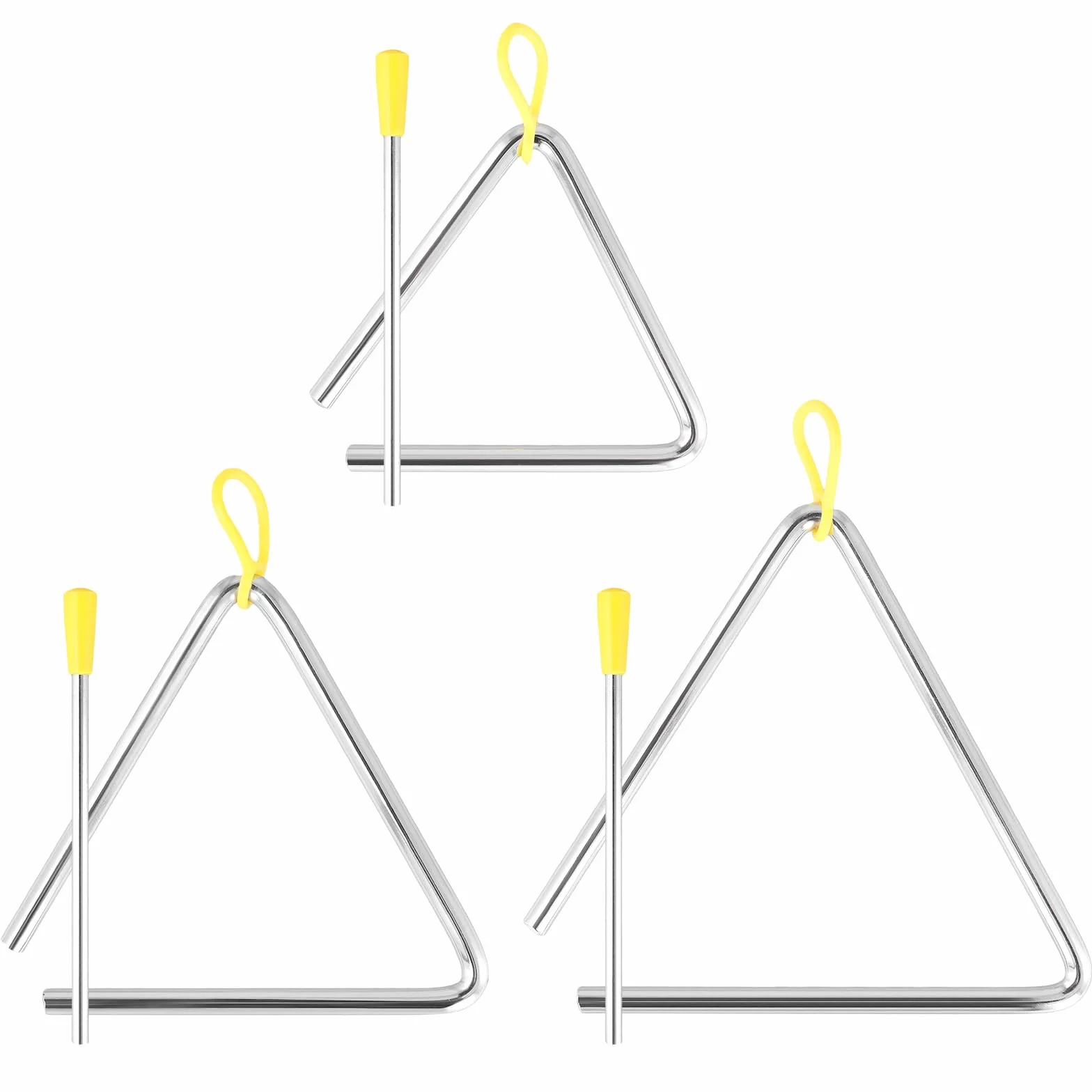 3 Strumento Triangolo con Bacchetta, Strumenti Musicali a triangolo, per Percussione e Educazione Musicale, 3 pezzi, 4 pollici, 5 pollici, 6 pollici, argento