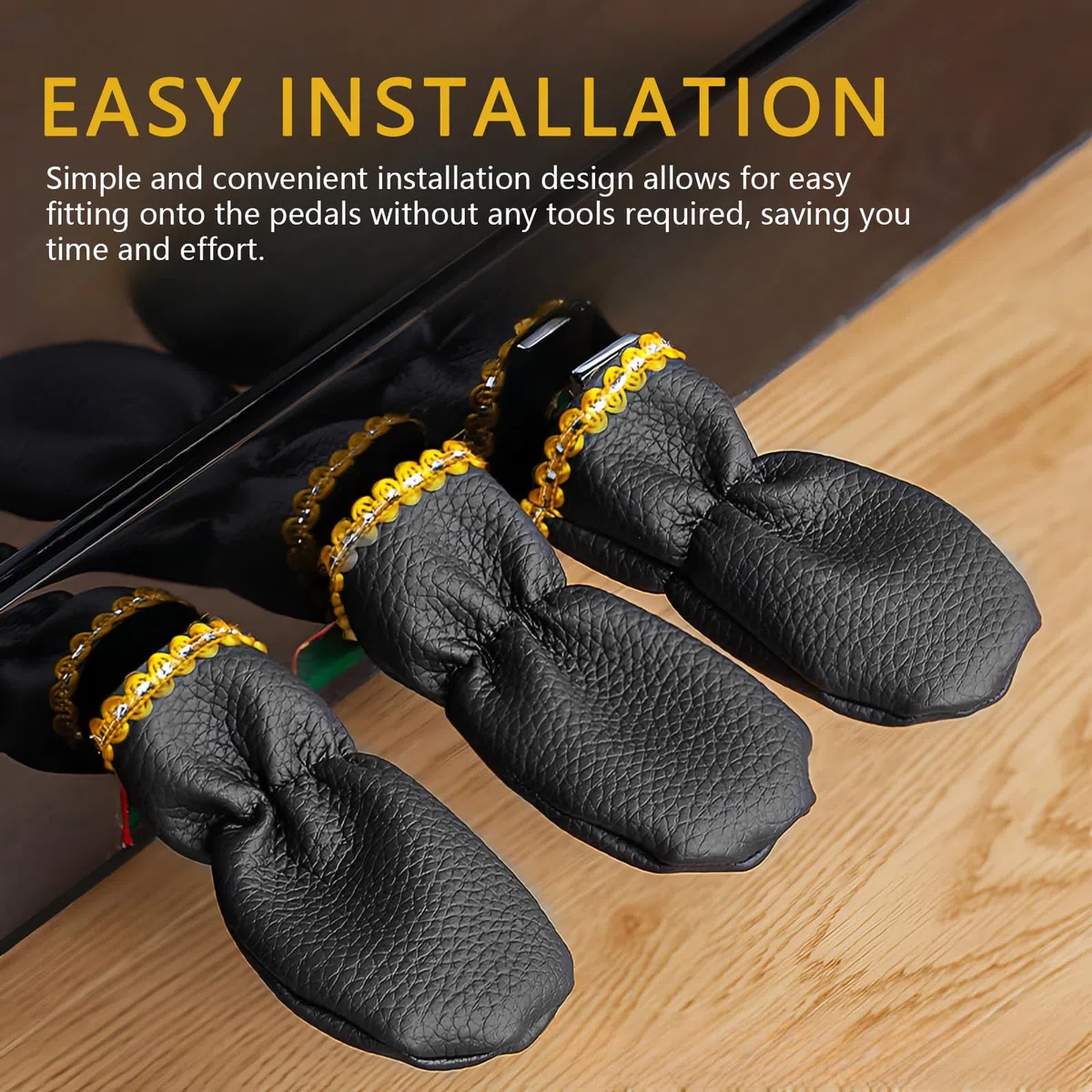 Musiin Piano Accessory PU Leather Black with Gold Edge Piano Pedal Covers Footrest Pedal Protection Cover Electric Piano Pedal Cover Foot Pedal Cover (Set of Three)