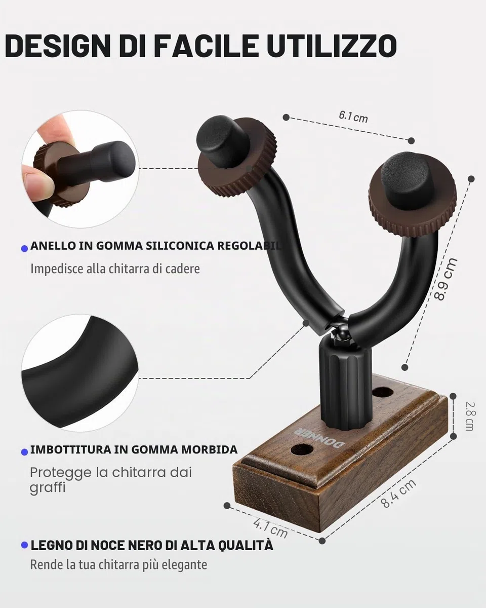 Donner Ganci Supporto Chitarra da Parete, Porta Chitarra da Muro, Gancio Parete di Legno di noce per chitarre/basso/ukulele/violino/mandolino, Appendi Chitarra da Muro (3 pezzi)