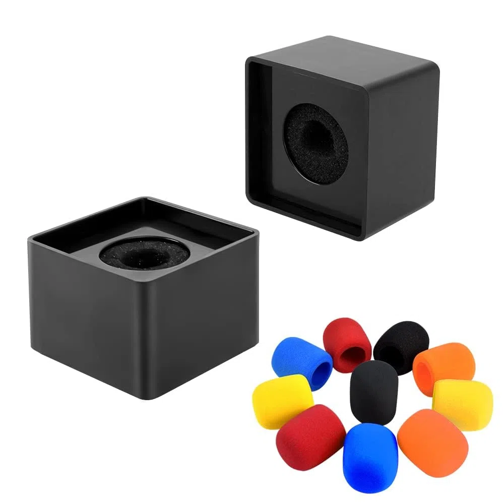 RETON 2 Pacchi Microfono Flag Station Quadrato a Forma di Cubo con Logo del Microfono con Copertura in Microfibra da 10 Pezzi (2 Flag+10 Cover)
