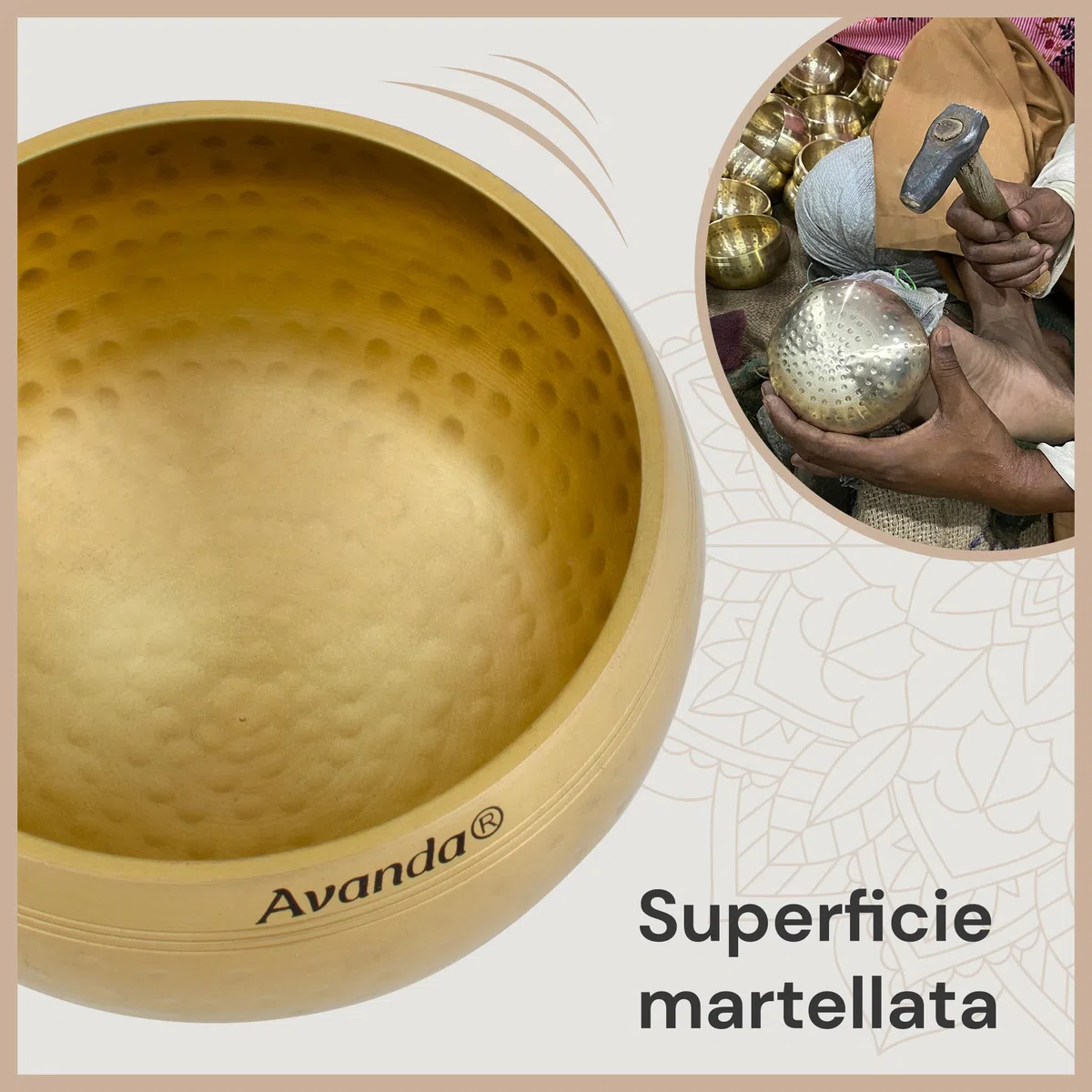Set di ciotole tibetane per yoga, meditazione e rilassamento - Ciotola tibetana martellata Ø 8 cm, mazzuolo in legno di mango e cuscino ad anello giallo verde