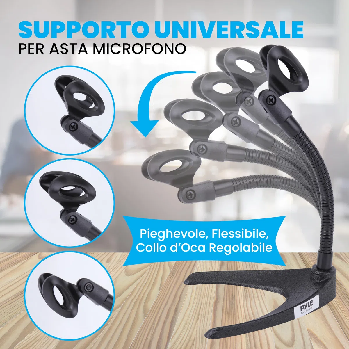 Pyle Asta Microfono, Braccio Microfono Flessibile 20,8 cm e Base a U Solida, Asta Microfono Scrivania, Supporto Universale Perfetto per Tavolo o Banco