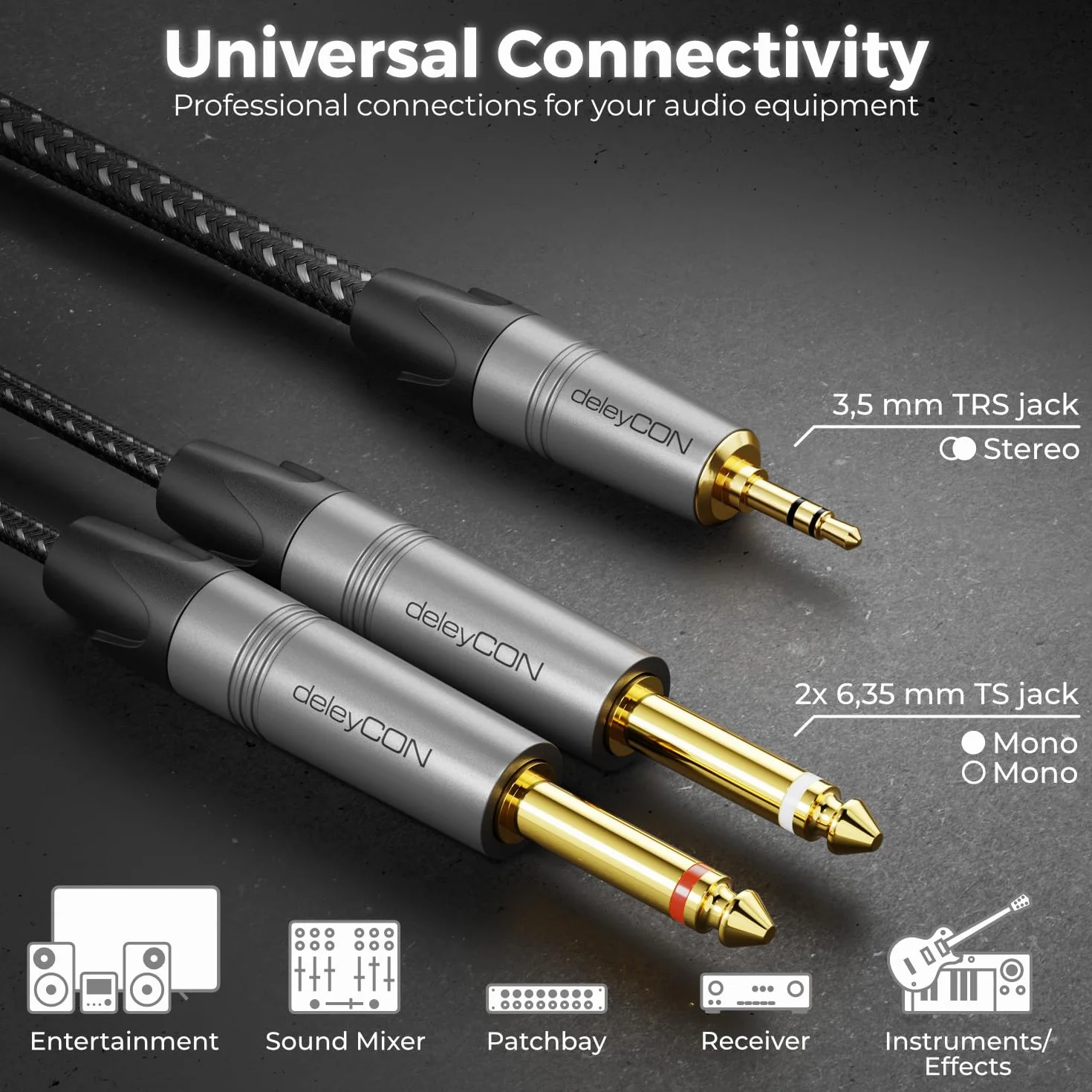 deleyCON 3,0m 3,5mm Jack Stereo a 2x 6,3mm Jack Mono - Y Audio Splitter Interfaccia Digitale Strumento per Mixer, Registratore Audio, Chitarra, Amplificatore, Microfono