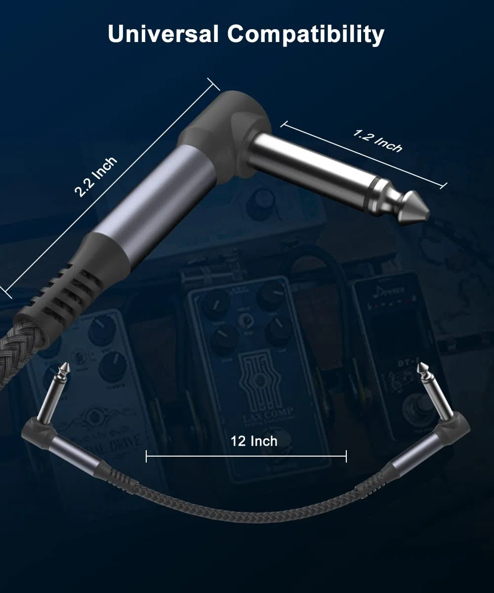Elebase Cavi Patch per Chitarra per Pedali 30cm 6Pack,Cavo Jack 6,35mm Cavetto con Connettori Angolari per Strumenti Musicali TS Mono per Chitarra/Basso Pedaliera Effetti,Microfono Amp/Amplificatore