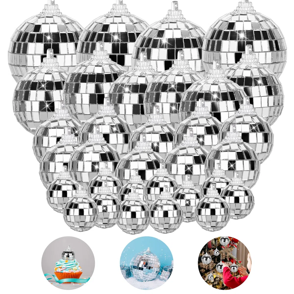 32 Pezzi Palla Discoteca per Torte Decorazioni,4 Taglie Disco Ball Decorazioni,Palle da Discoteca Stroboscopica,Specchio Decorativo Sfera per Feste e Matrimonio(Con Corda)