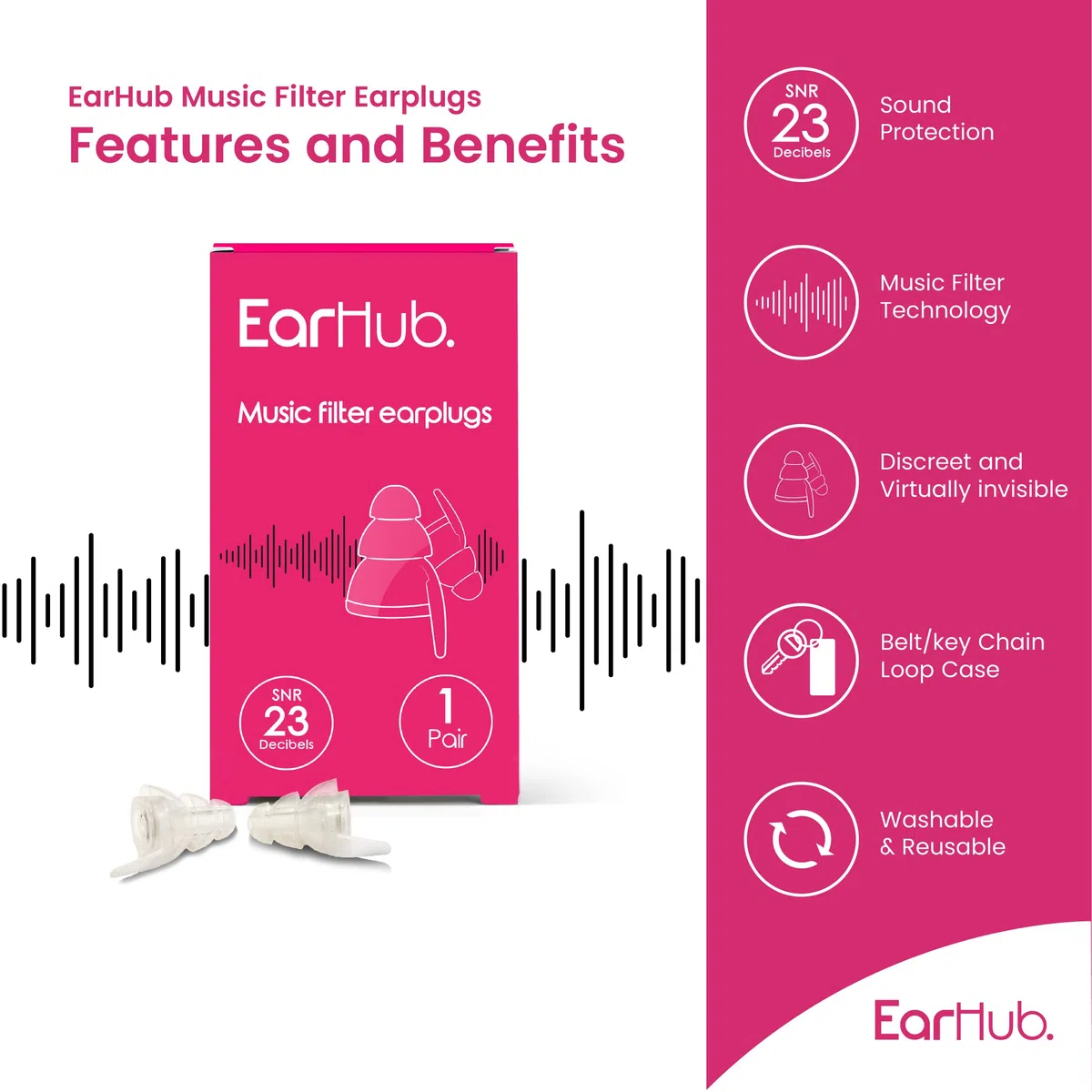 EarHub Tappi per le orecchie con filtro musicale, 23 dB per la riduzione del rumore, protezione dell'udito per musicisti, DJ, batteristi, percussioni, festival, discoteche e altri eventi forti,