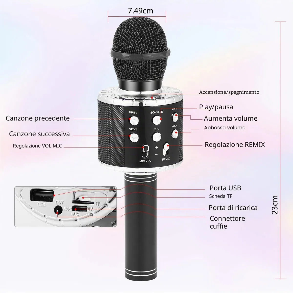 Fede Microfono Karaoke Bluetooth Wireless per Bambini, Karaoke Portatile con Luci LED Multicolore per Cantare, Funzione Eco, Compatibile con Android/iOS, PC o smartphone