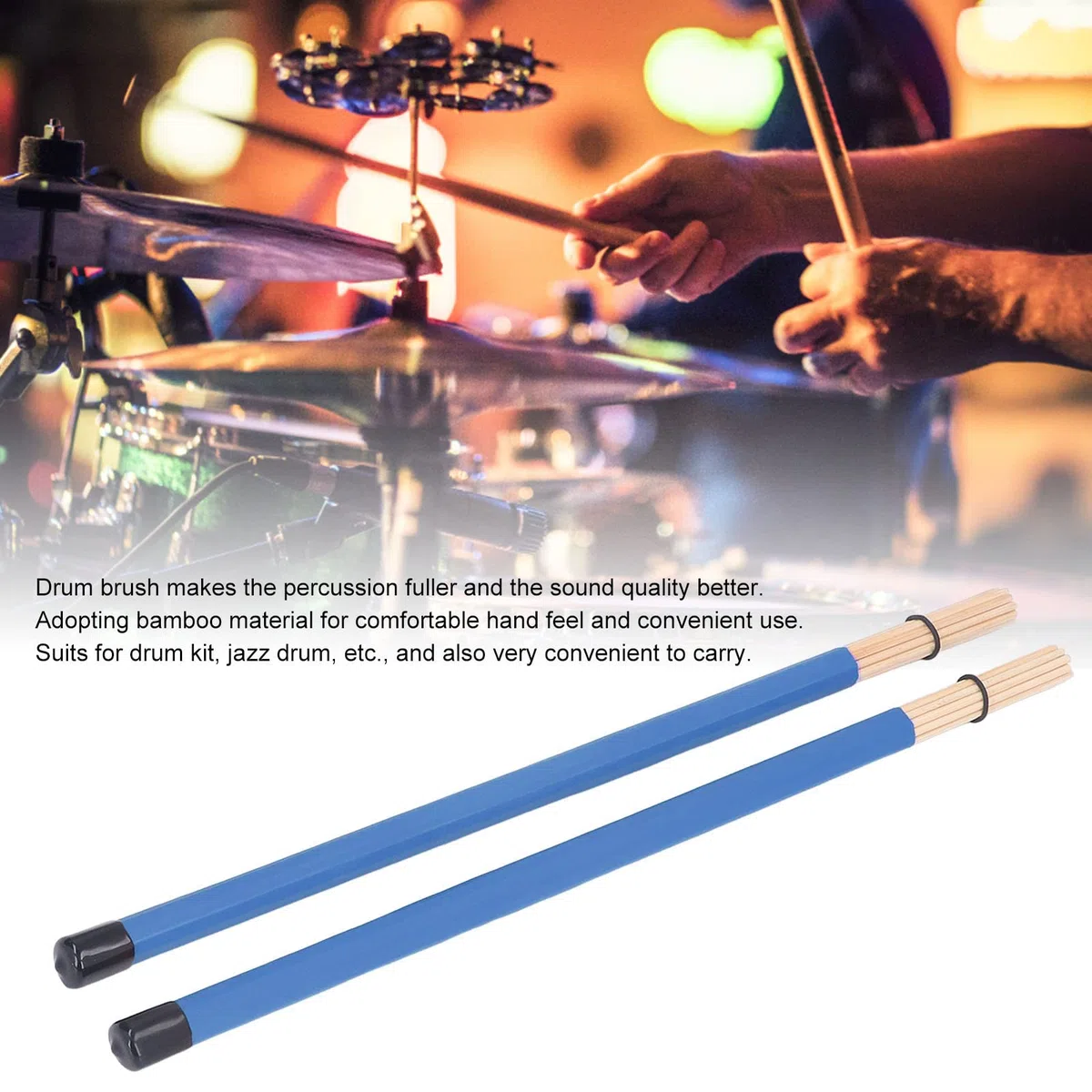 Set spazzole per batteria, spazzola per bacchette con manico in bambù da 2 pezzi e mazzuolo per kit di batteria jazz Strumento leggero a percussione e kit di accessori (Blue)