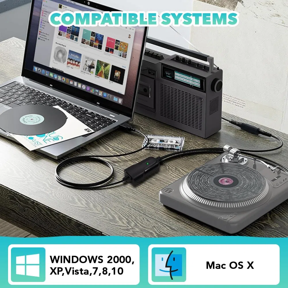 USB 2.0 Audio Capture Card Grabber per Cassette a Convertitore MP3, 3,5 mm, Interfaccia Stereo R/L Compatibile con Windows XP/7/8/10 e Mac OS 10.14