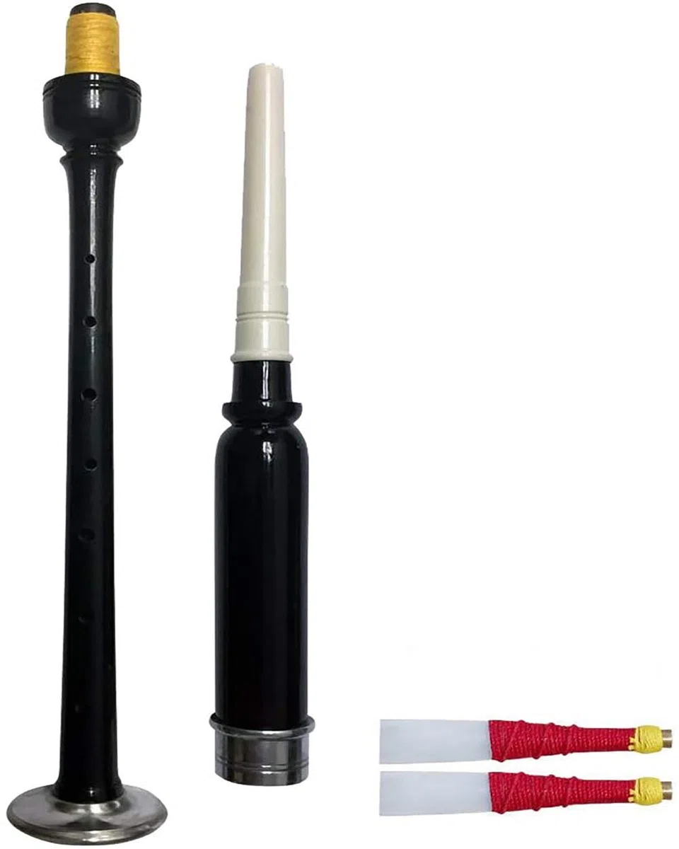 Practice chanter, da esercitazione, in palissandro, colore nero, attacco in argento con 2 ance