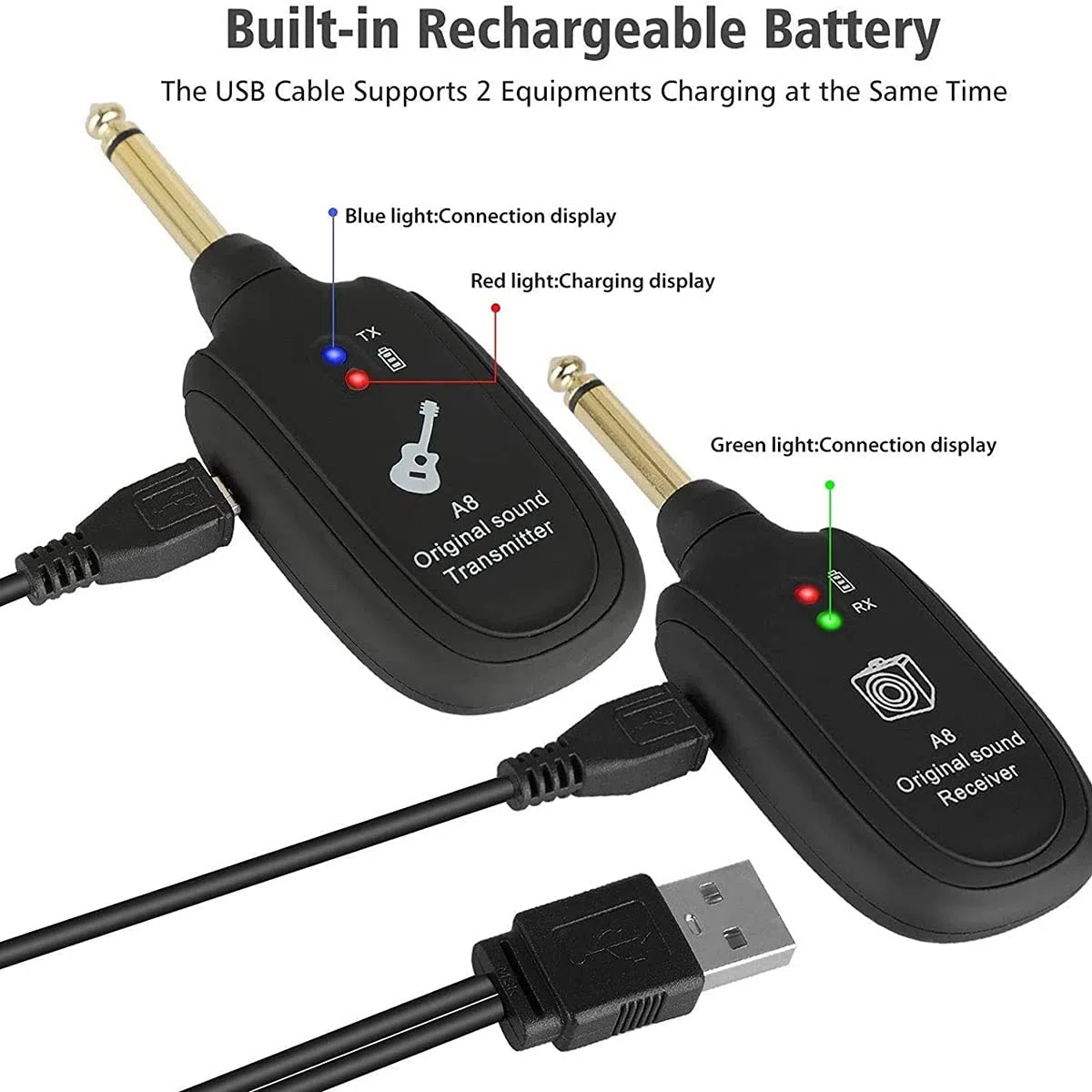 wireless per chitarra 20Hz-20KHz Trasmissione acustica Ricevitore trasmettitore ricaricabile per chitarra elettrica