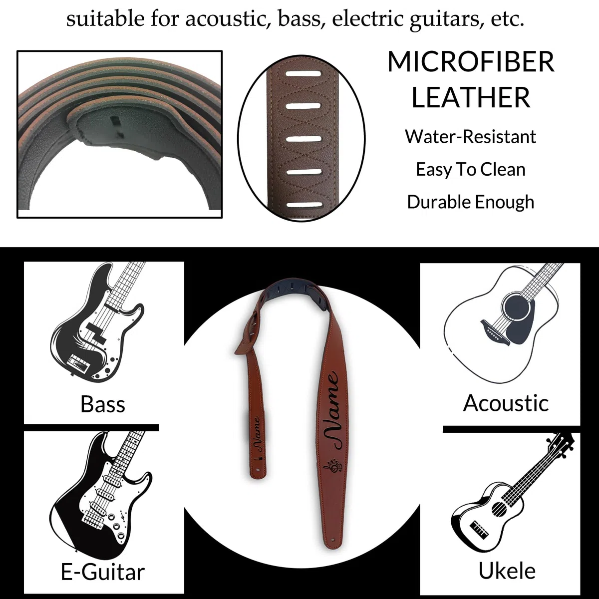 Tracolla per chitarra in pelle personalizzata Inciso personalizzato Nome Testo Tracolla regolabile per basso Chitarra acustica elettrica Tracolla per chitarra in pelle microfibra Regali per