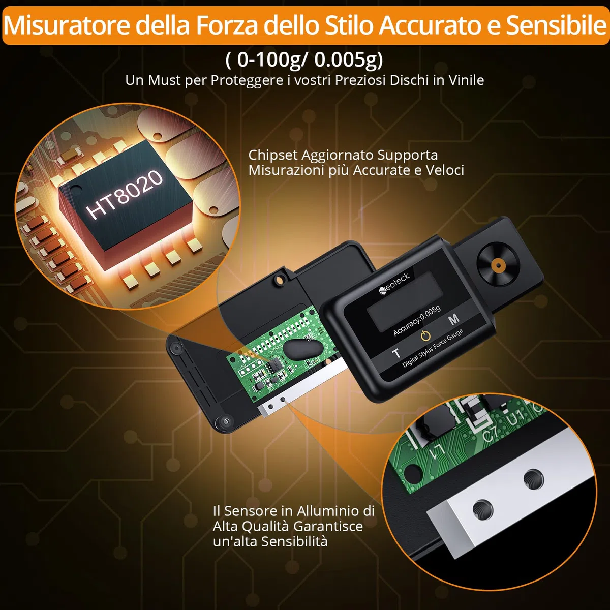 Neoteck Tester Scala Forza di Stilo per Giradischi Capacità 100g Touch Screen LCD Bilancia Precisa 0.005g Retroilluminazione Arancia Tester Scala Forza per Braccio Giradischi Fono Cassetta Musicale