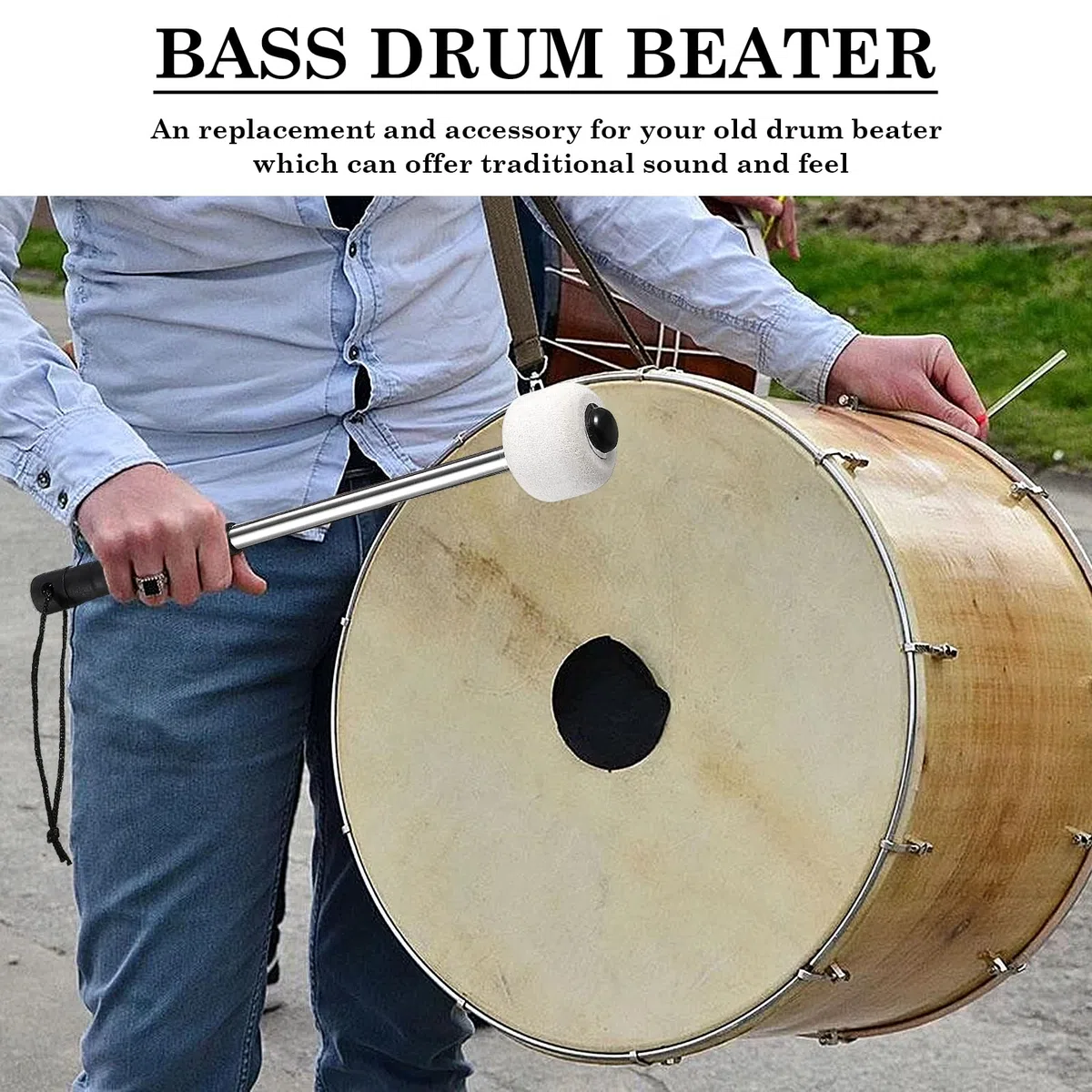 2 Pezzi Drum Mallet in Feltro, Bacchette per Tamburo, Mazzuola per Grancassa, con Borsa Porta Bacchette e Corda Antiscivolo, Accessori per Strumenti a Percussione (Bianco)