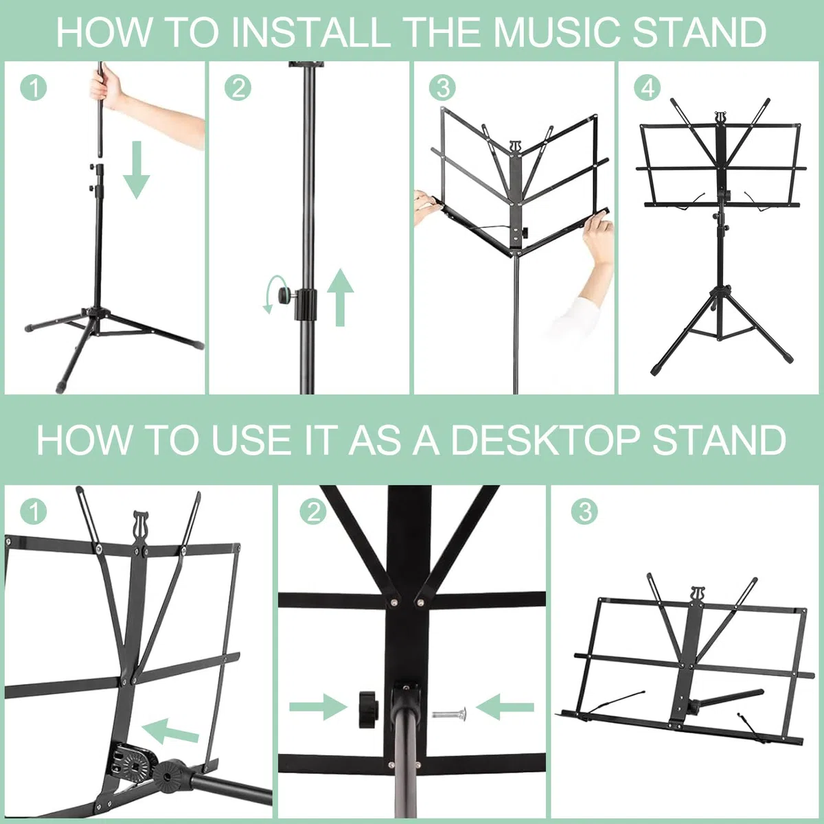 2 in 1 Leggio Musicale Pieghevole Altezza Regolabile 70-140cm, Supporto per Libri da Tavolo, Porta Spartiti Musicali Stabile, con Borsa di Trasporto, per Bambini E Adulti, Nero