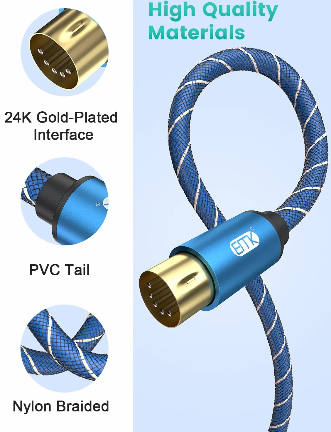EMK Cavo MIDI, Cavo per Strumenti MIDI 5pin Cavi Tastiera MI-DI Maschio a Maschio Cavi MIDI in-out 5pin DIN MIDI per Organo elettronico, Mixer, Pianoforte, Tamburo, Scheda audio (0,5 metri)