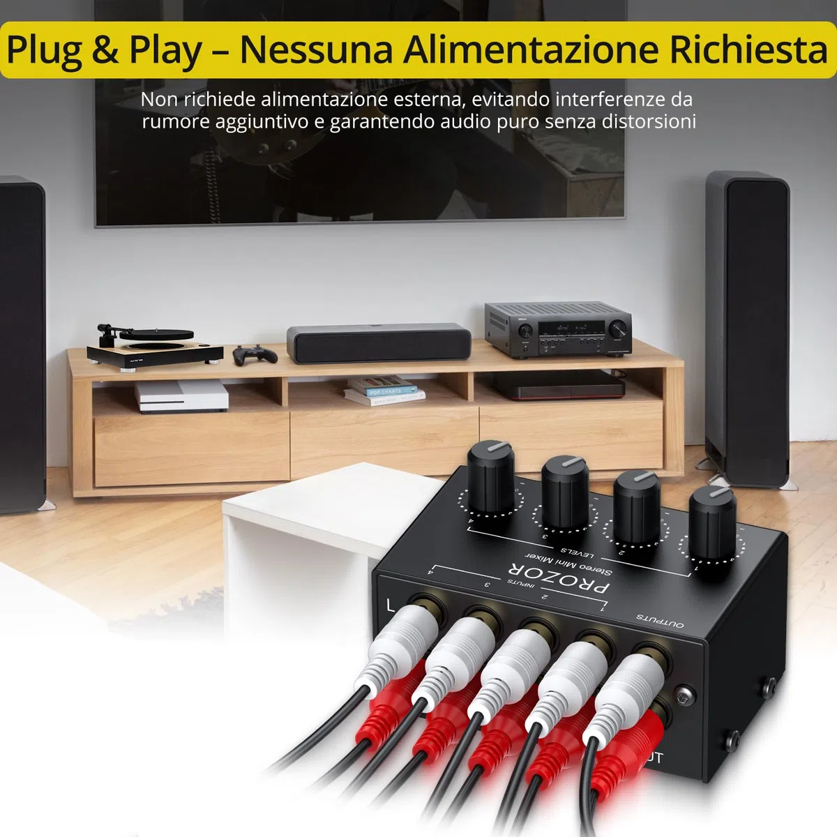 PROZOR Mixer Audio Passivo 4 Canali con Manopole Volume Miscelatore Audio 4 Canali Passive Portatile Supporta Input/Output RCA Mixer Stereo Compatto per DJ, Mixer Home Theater e Home Studio