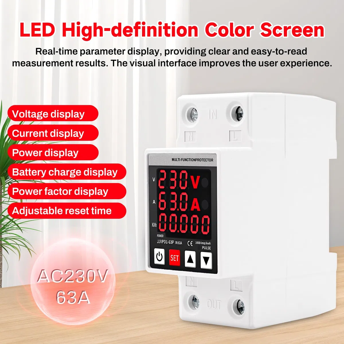 Stabilizzatore di tensione AC230V 63A protezione da sovratensioni di ripristino regolabile stabilizzatore di corrente display a LED Protezione da sovracorrente e sovratensione