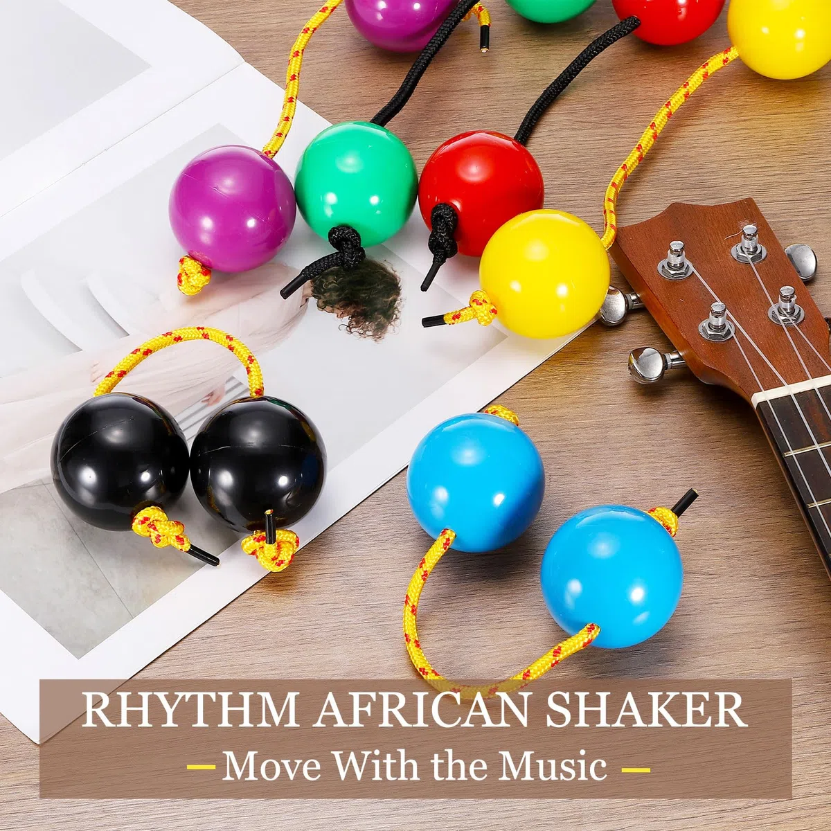 Shaker ritmico africano Kashaka con corda gialla per feste (confezione da 2, viola)