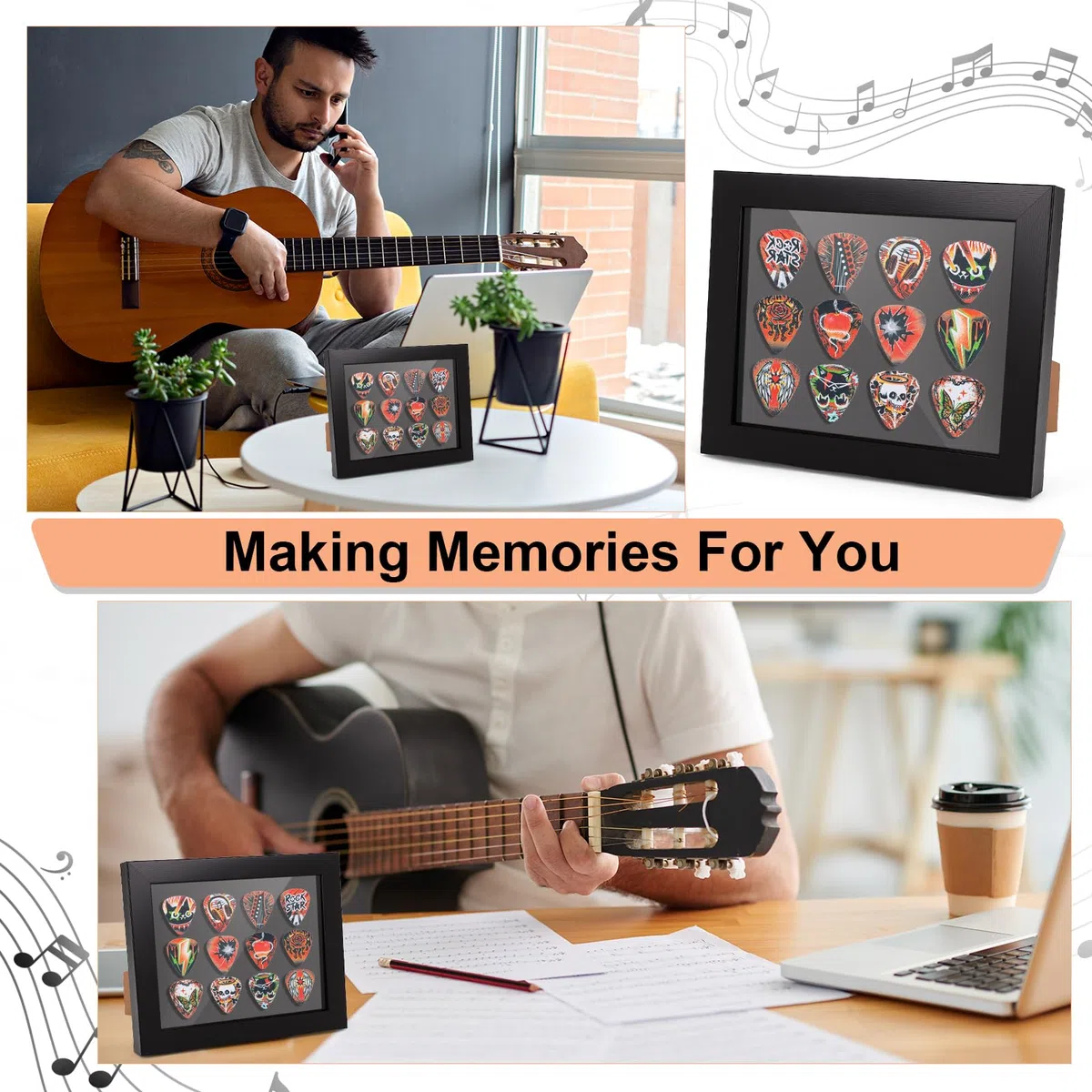 Gugxiom Espositore per plettro per chitarra, con 12 scomparti per plettri, montaggio su scrivania e parete, custodia per plettro, idea per uomini, chitarristi e musicisti, 17 x 21 cm