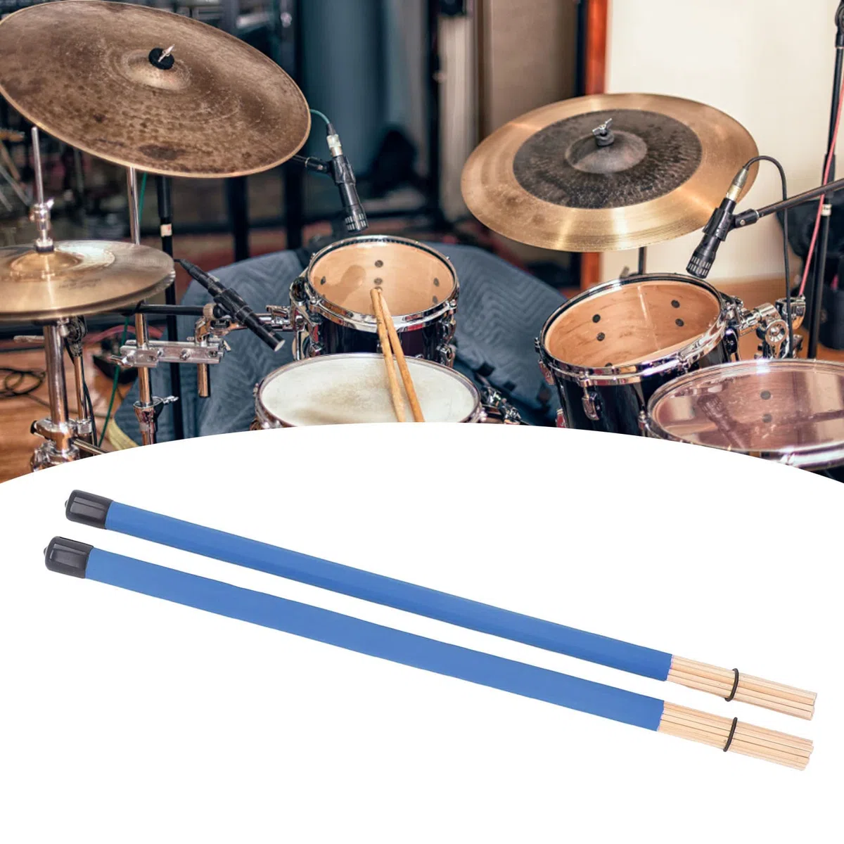 Set spazzole per batteria, spazzola per bacchette con manico in bambù da 2 pezzi e mazzuolo per kit di batteria jazz Strumento leggero a percussione e kit di accessori (Blue)