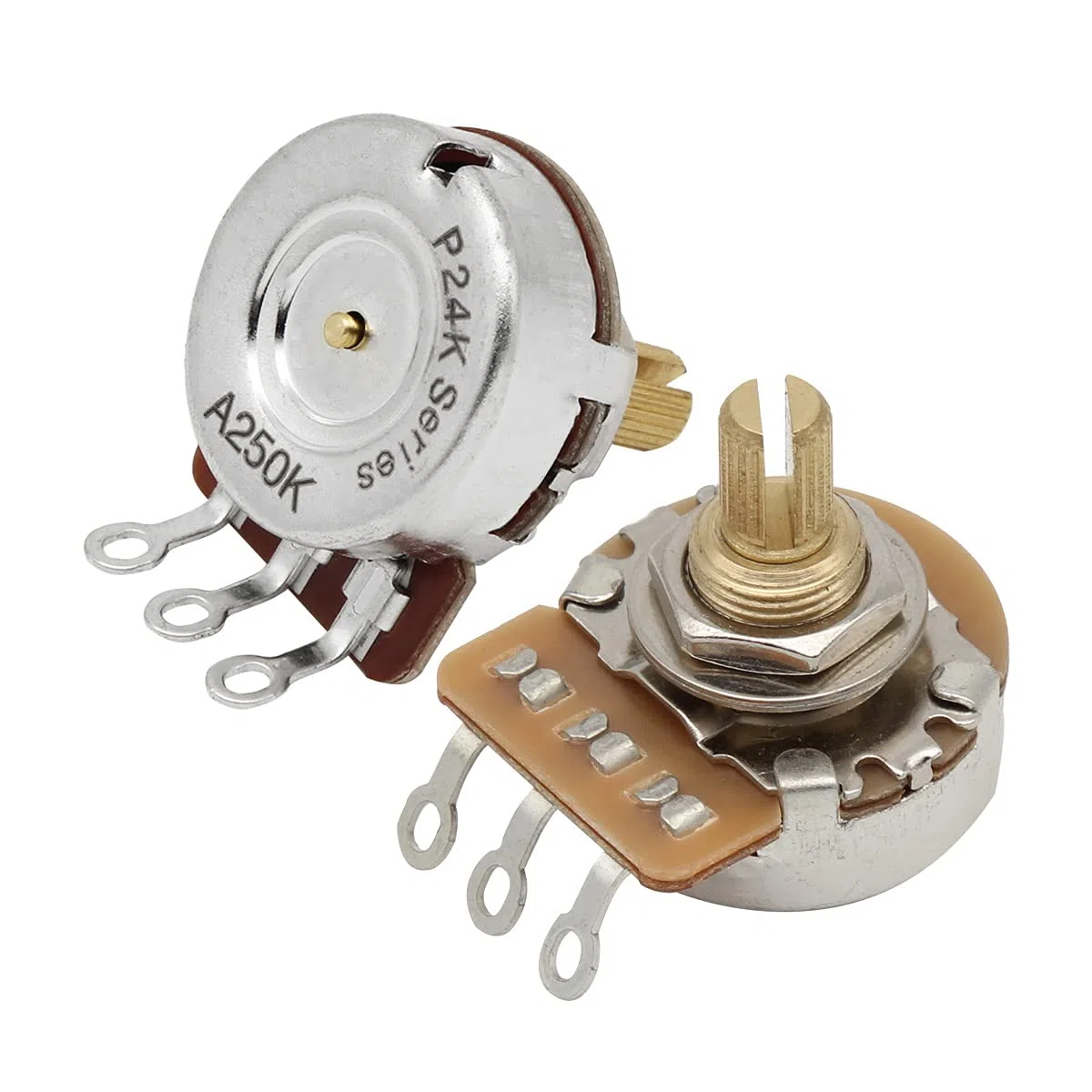 FLEOR Potenziometri di controllo con albero corto in ottone A250K Potenziometri conici audio 24 scanalature albero diviso D3/8" per tono di controllo del volume di chitarra elettrica, confezione da 2