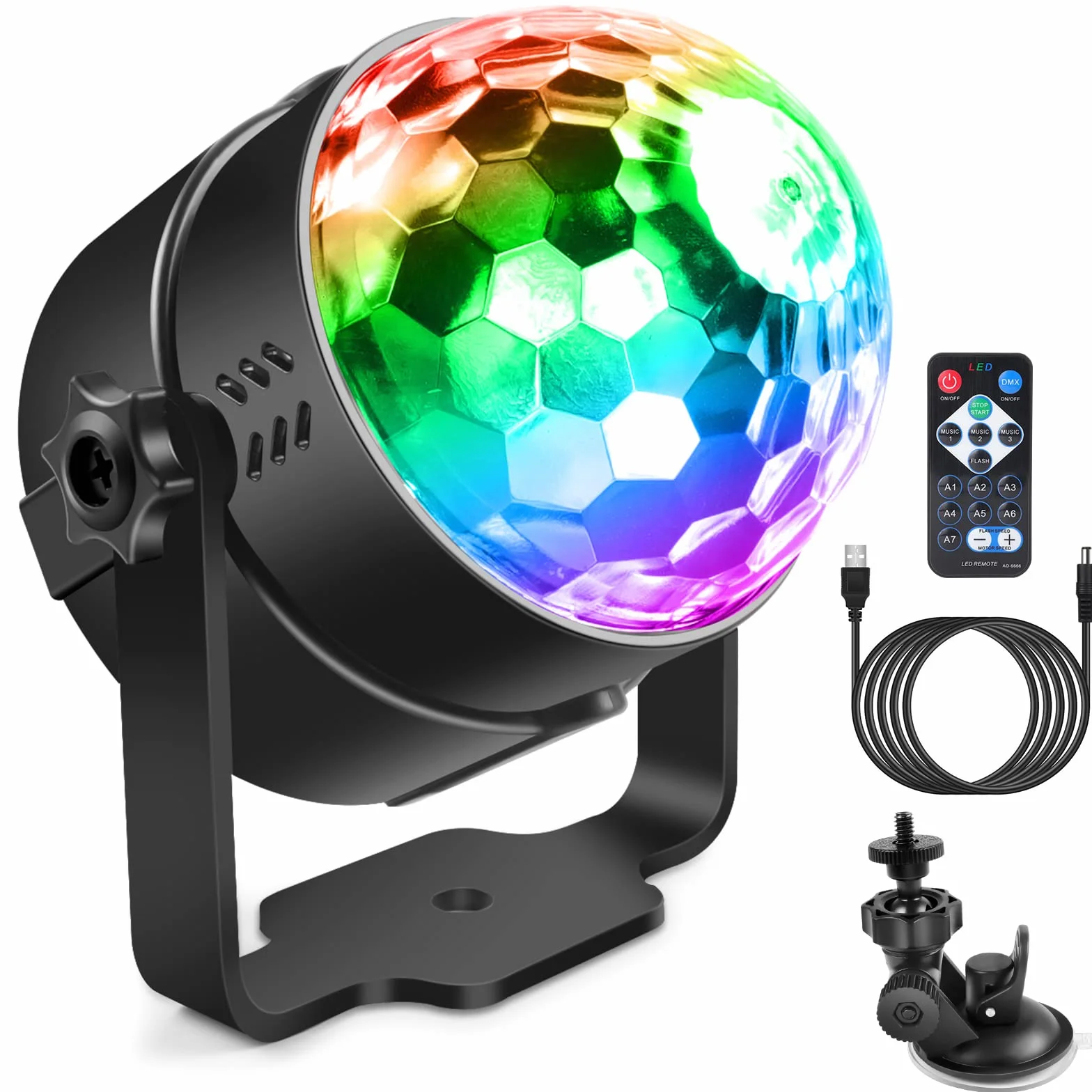 Luci Discoteca, RGB 7 Colori Luce Discoteca con Telecomando, 360 ° Ruotabile Musica Attivata Luci da Festa con 4 M Cavo USB, LED DJ Stroboscopiche per Natale, Feste, Bar, Club, Regalo per Bambini